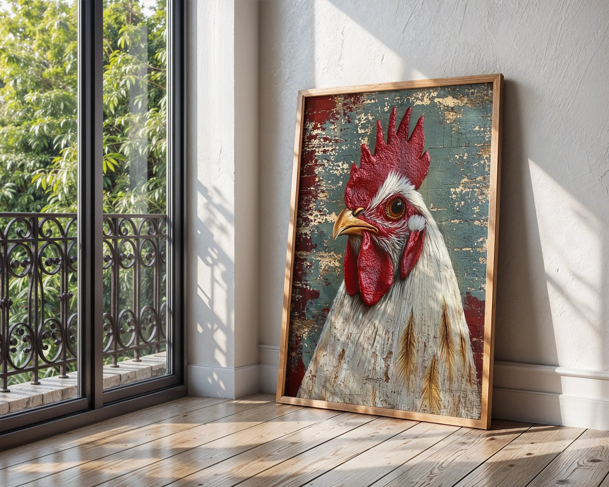 Rustic Rooster Art Barn Wood Farmhouse in room