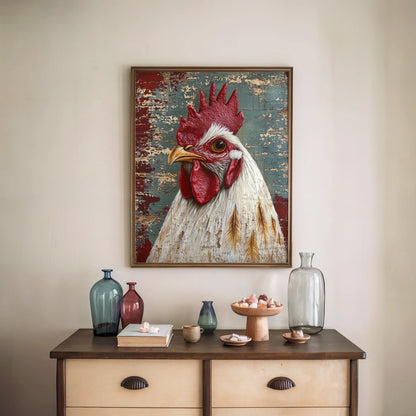 Rustic Rooster Art Barn Wood Farmhouse Canvas Wall Art — Vintage-inspired print shows stately yard bird emerging from time-worn boards for heritage homes