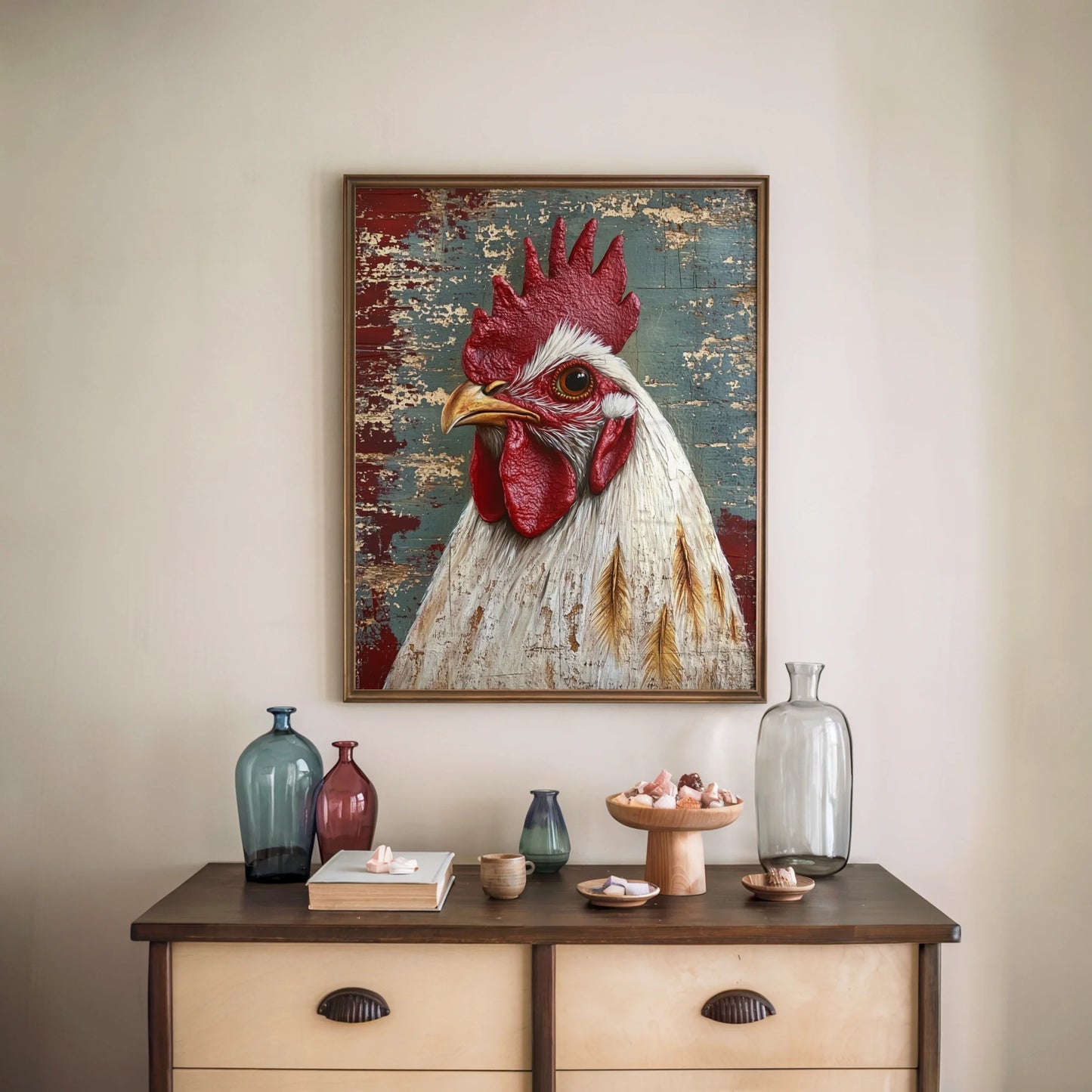 Rustic Rooster Art Barn Wood Farmhouse in room