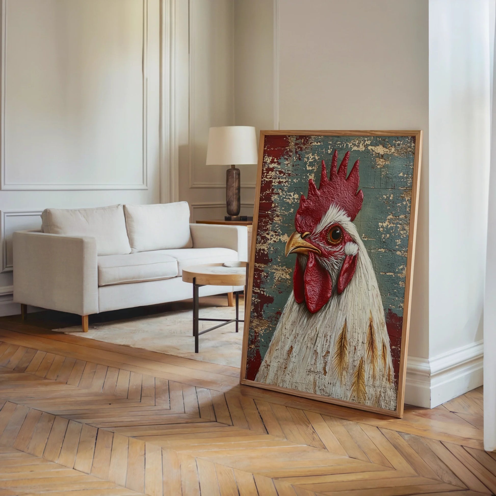 Rustic Rooster Art Barn Wood Farmhouse in room