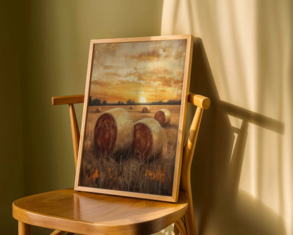 Rustic Farm Sunset Hay Bales Golden Stubble Canvas Wall Art — Vintage-inspired canvas showcasing rolled hay bales across autumn fields for cottage home decor styling