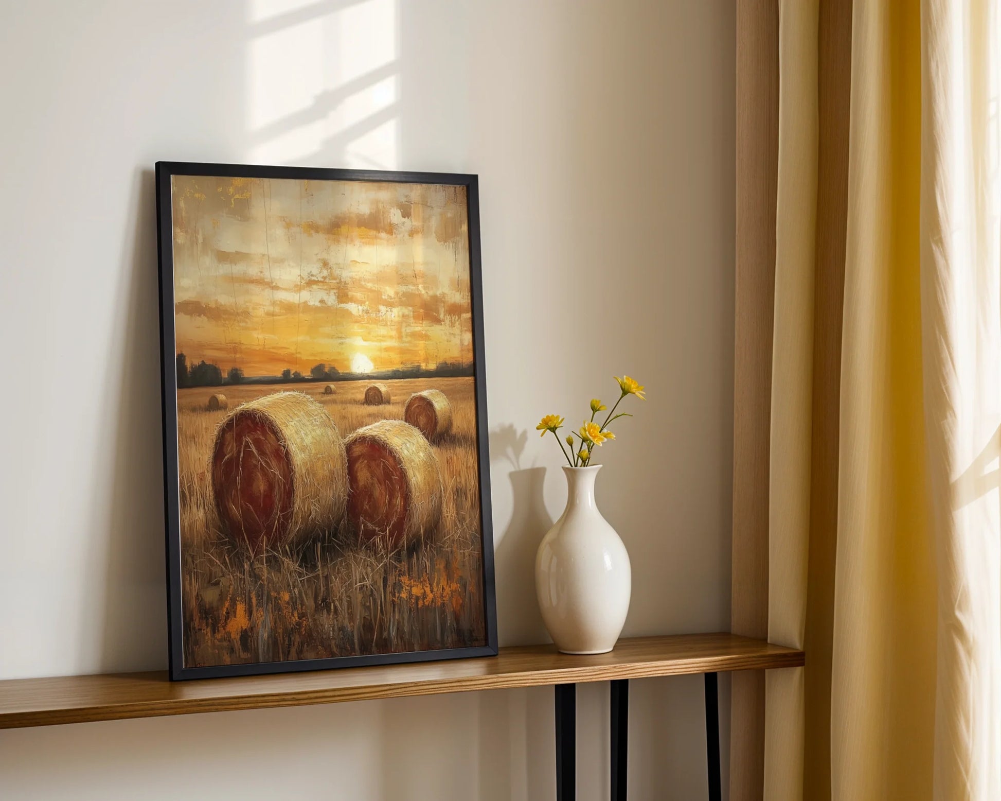 Rustic Farm Sunset Hay Bales Golden Stubble in room