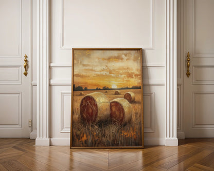 Rustic Farm Sunset Hay Bales Golden Stubble Canvas Wall Art — Classic agricultural canvas featuring twilight pastoral scenes ideal for cabin home decorating