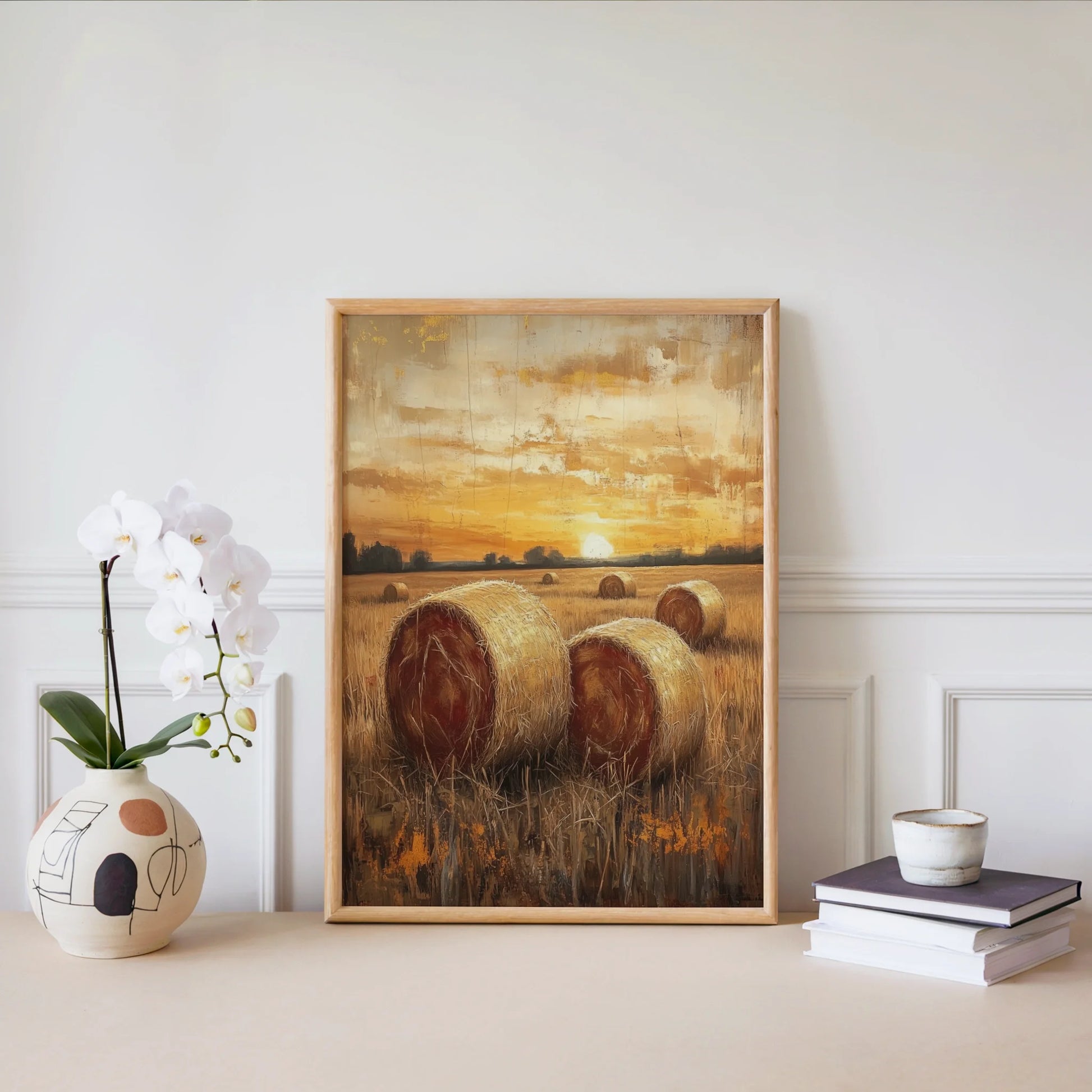 Rustic Farm Sunset Hay Bales Golden Stubble Canvas Wall Art — Honeyed amber canvas with weathered wood grain texture displaying autumn countryside scenes
