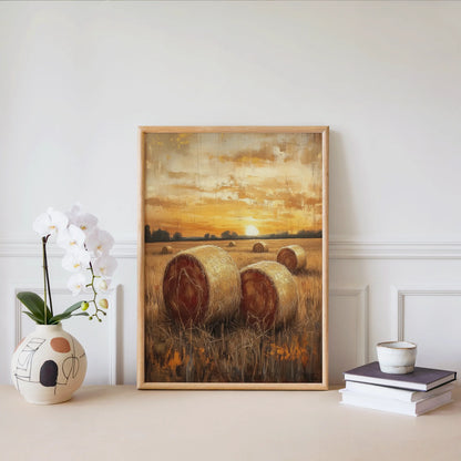 Rustic Farm Sunset Hay Bales Golden Stubble in room