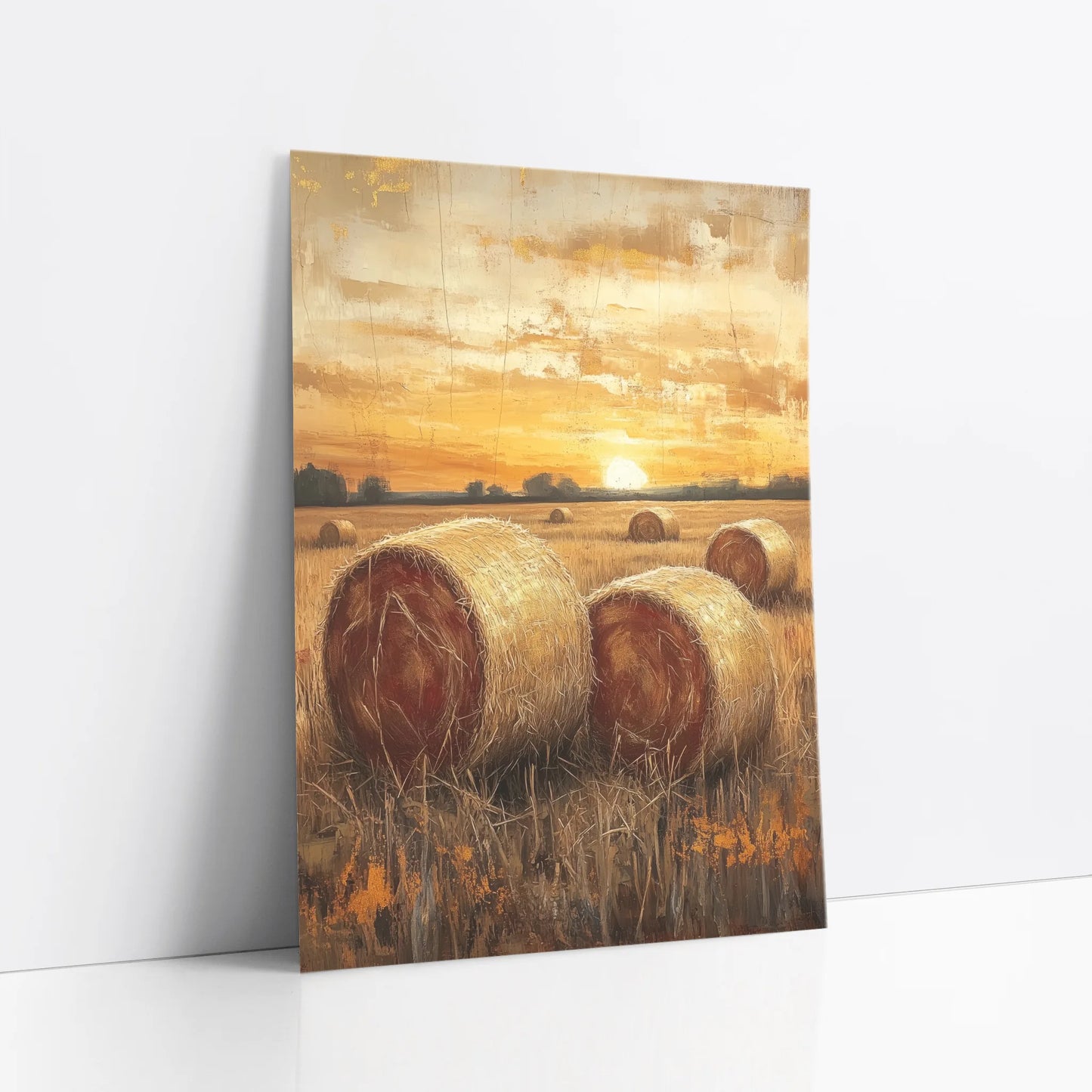 Rustic Farm Sunset Hay Bales Golden Stubble art print