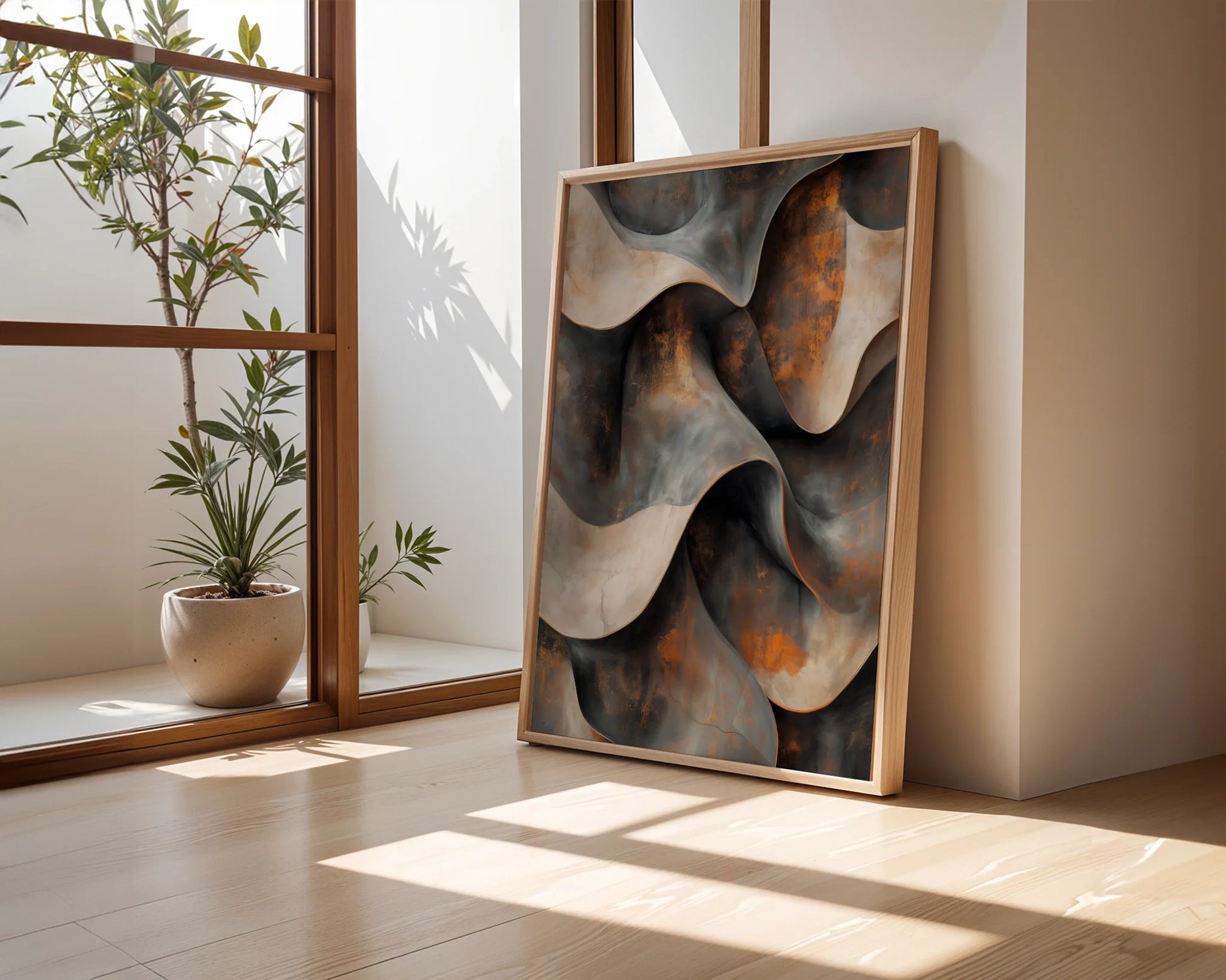 Industrial Abstract Art Copper Ribbons Folding Canvas Wall Art — Sleek wall display with flowing metallic shapes complementing contemporary home design
