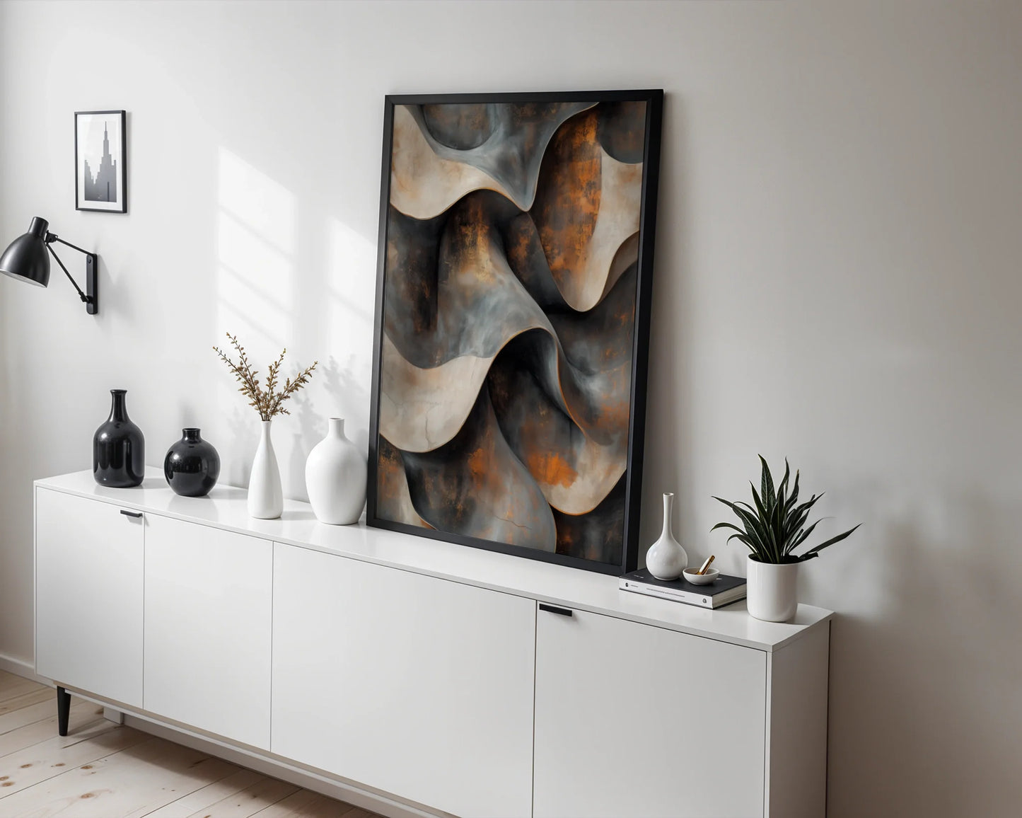 Industrial Abstract Art Copper Ribbons Folding Canvas Wall Art — Chic room setup highlighting aged metal artwork ideal for trendy interior styling