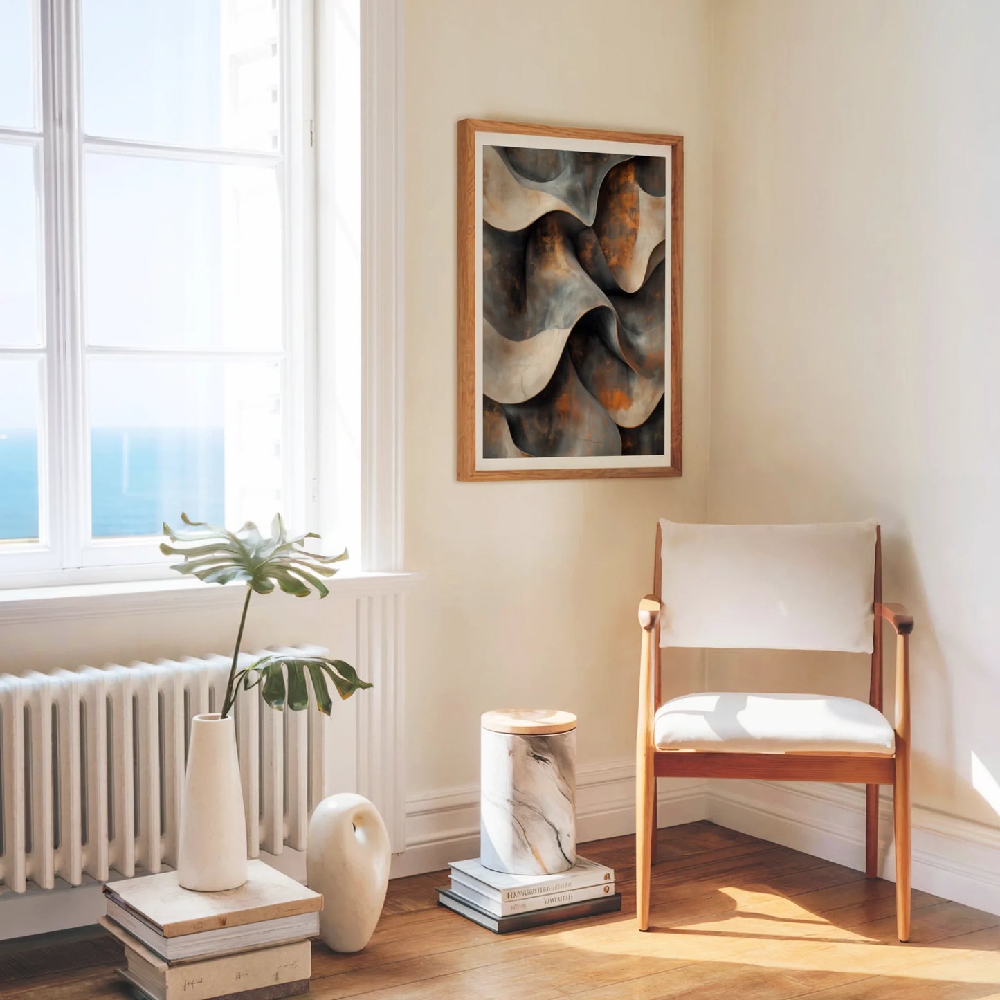 Industrial Abstract Art Copper Ribbons Folding Canvas Wall Art — Refined space displaying curved metallic artwork suited for elegant home decorating