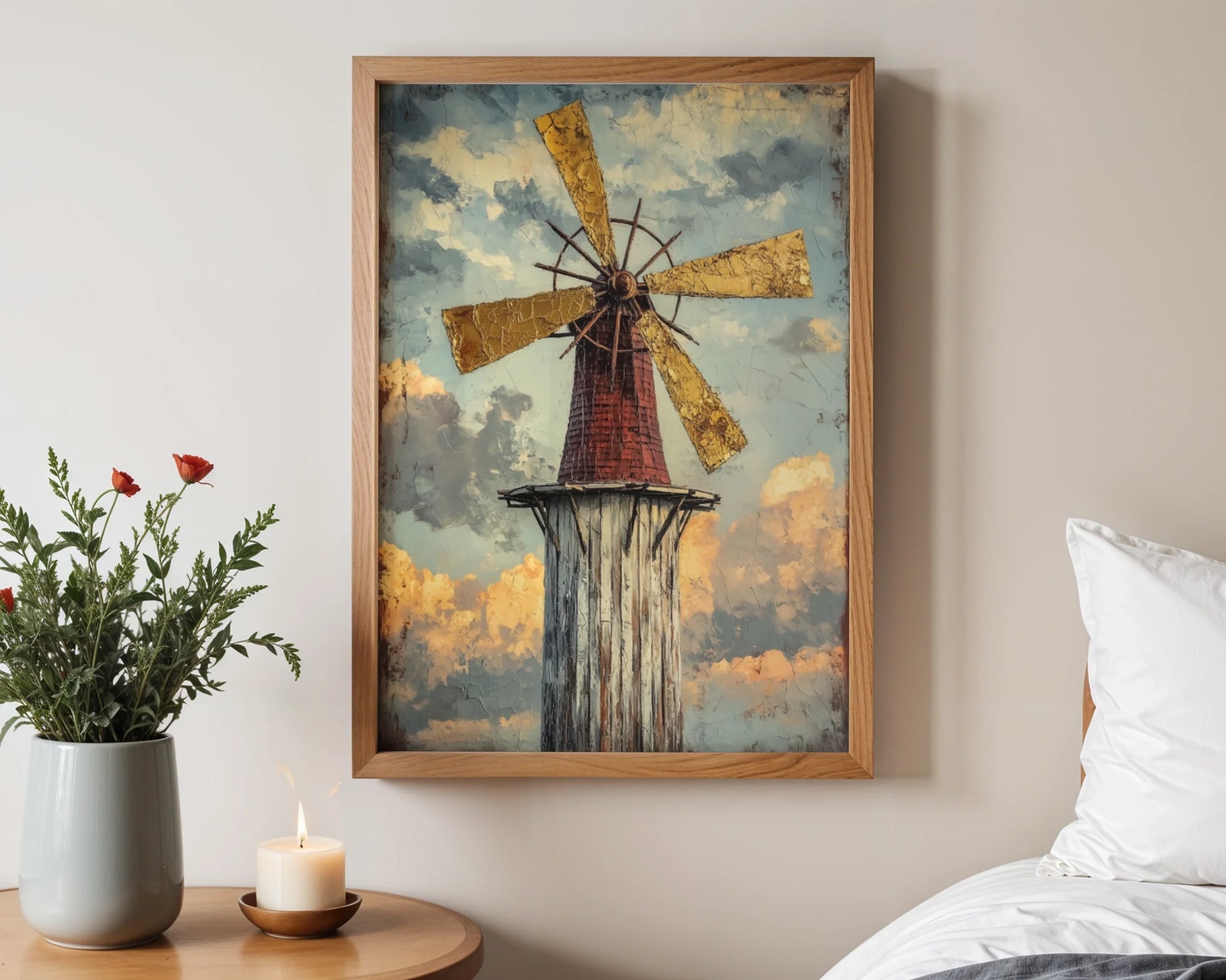 Dutch Windmill Golden Hour Cracked Texture Canvas Wall Art — Neutral living space featuring distressed mill canvas with authentic vintage character and patina