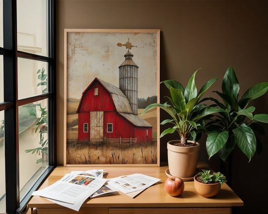 Rustic Red Barn Silo Weathervane Farmhouse Canvas Wall Art — Styled room featuring agricultural canvas artwork showcasing weathered red farm structure with silo