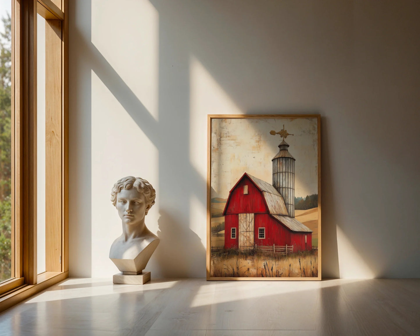Rustic Red Barn Silo Weathervane Farmhouse Canvas Wall Art — Antique-inspired farm canvas showing red agricultural building for heritage home decor styling