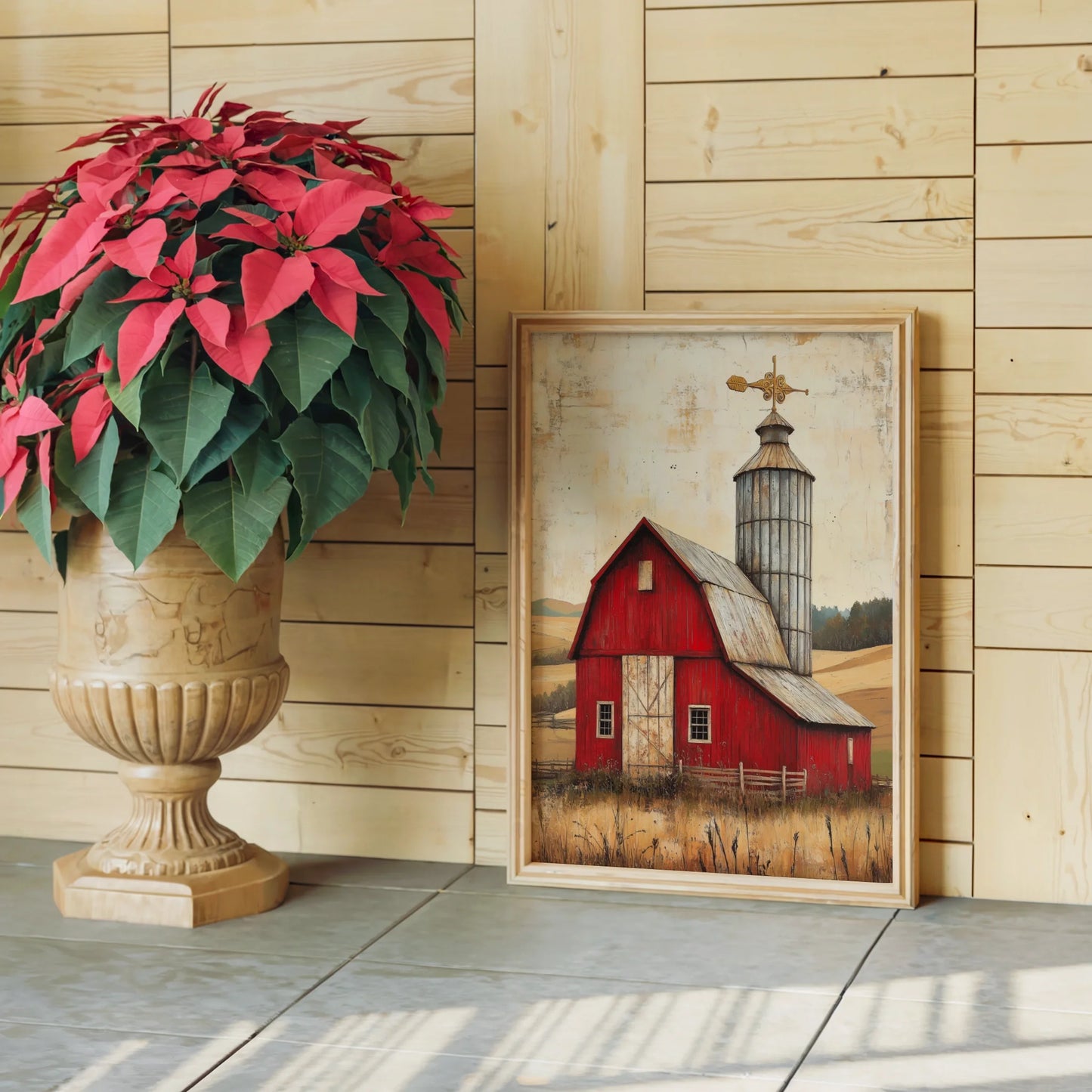 Rustic Red Barn Silo Weathervane Farmhouse Canvas Wall Art — Deep crimson canvas with weathered textures showing aged farm structure in rich earth tones