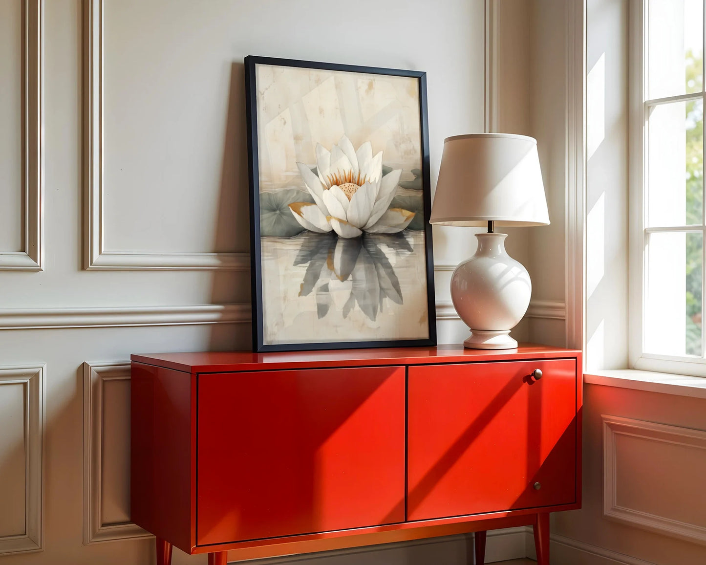 White Lotus Painting Golden Stamens Japandi Canvas Wall Art — Scandinavian-inspired canvas featuring sacred bloom with gilded details for contemporary interior design