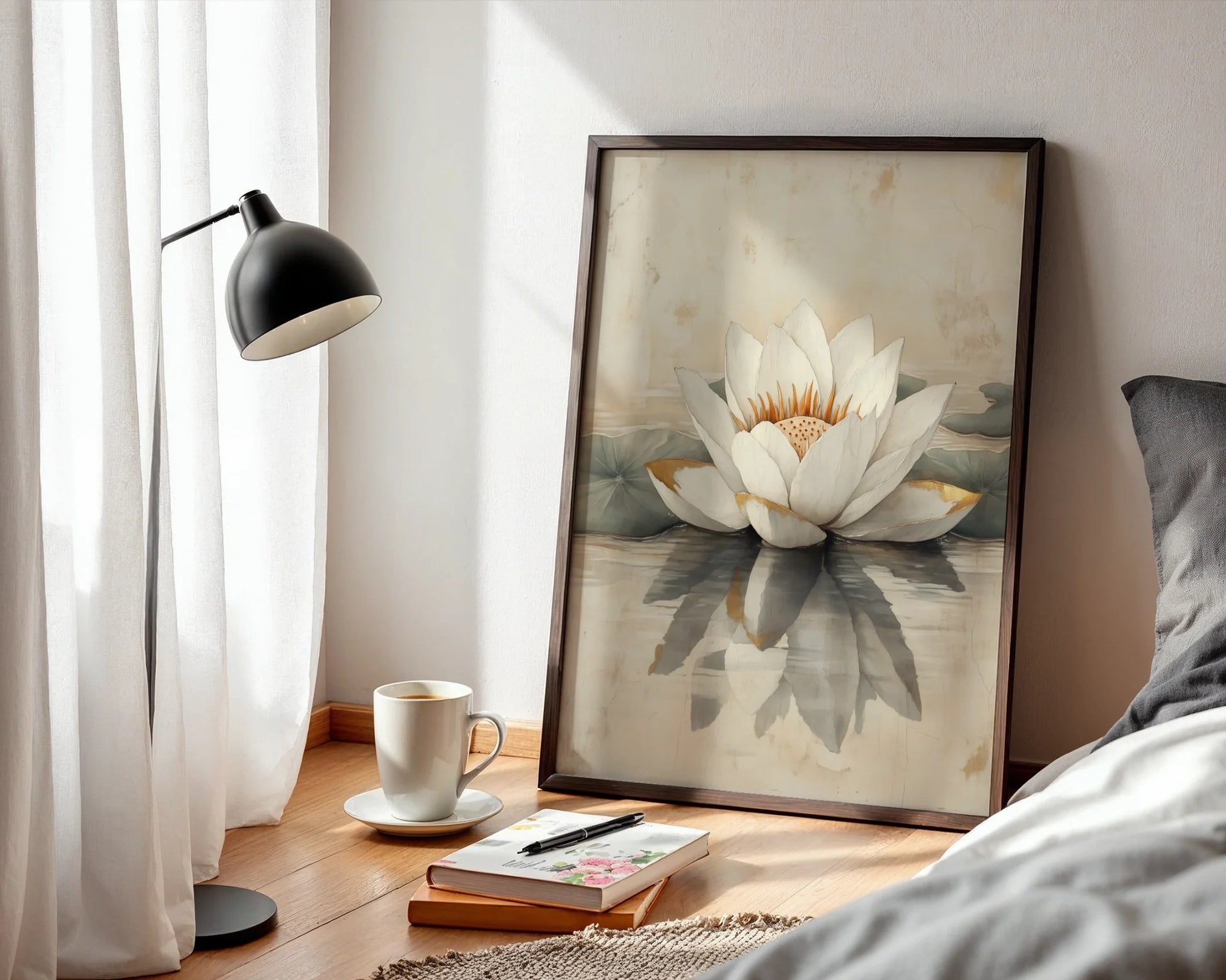 White Lotus Painting Golden Stamens Japandi Canvas Wall Art — Tranquil water flower artwork in calm neutral tones perfect for mindful living spaces and zen decor