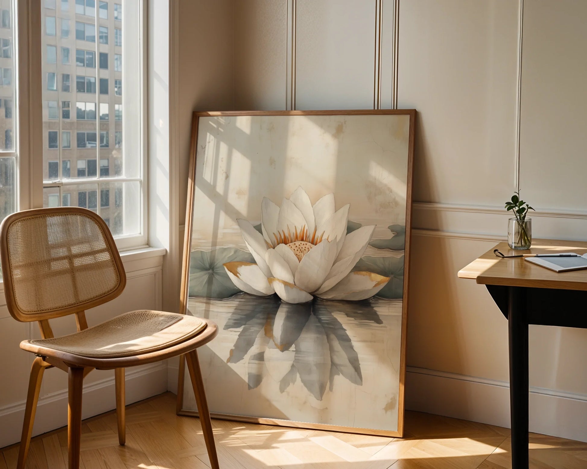 White Lotus Painting Golden Stamens Japandi Canvas Wall Art — Organic minimalist art showcasing nature's grace on still pond for simple sophisticated home styling