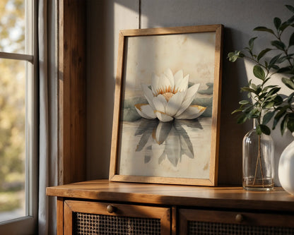White Lotus Painting Golden Stamens Japandi in room