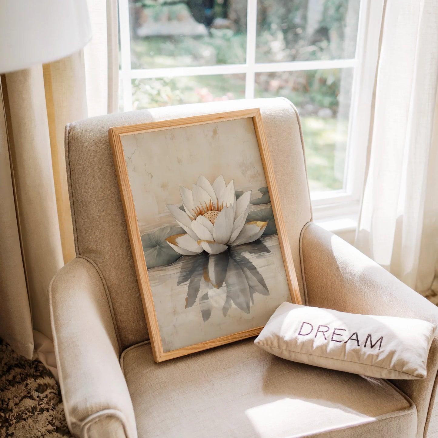 White Lotus Painting Golden Stamens Japandi Canvas Wall Art — Nordic aesthetic artwork capturing flower's radiance on glass-like surface for sleek home interiors