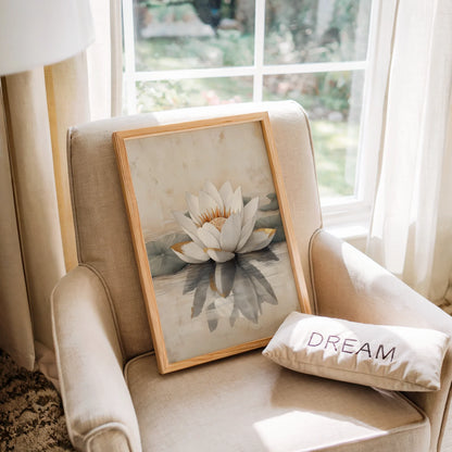 White Lotus Painting Golden Stamens Japandi Canvas Wall Art — Nordic aesthetic artwork capturing flower's radiance on glass-like surface for sleek home interiors