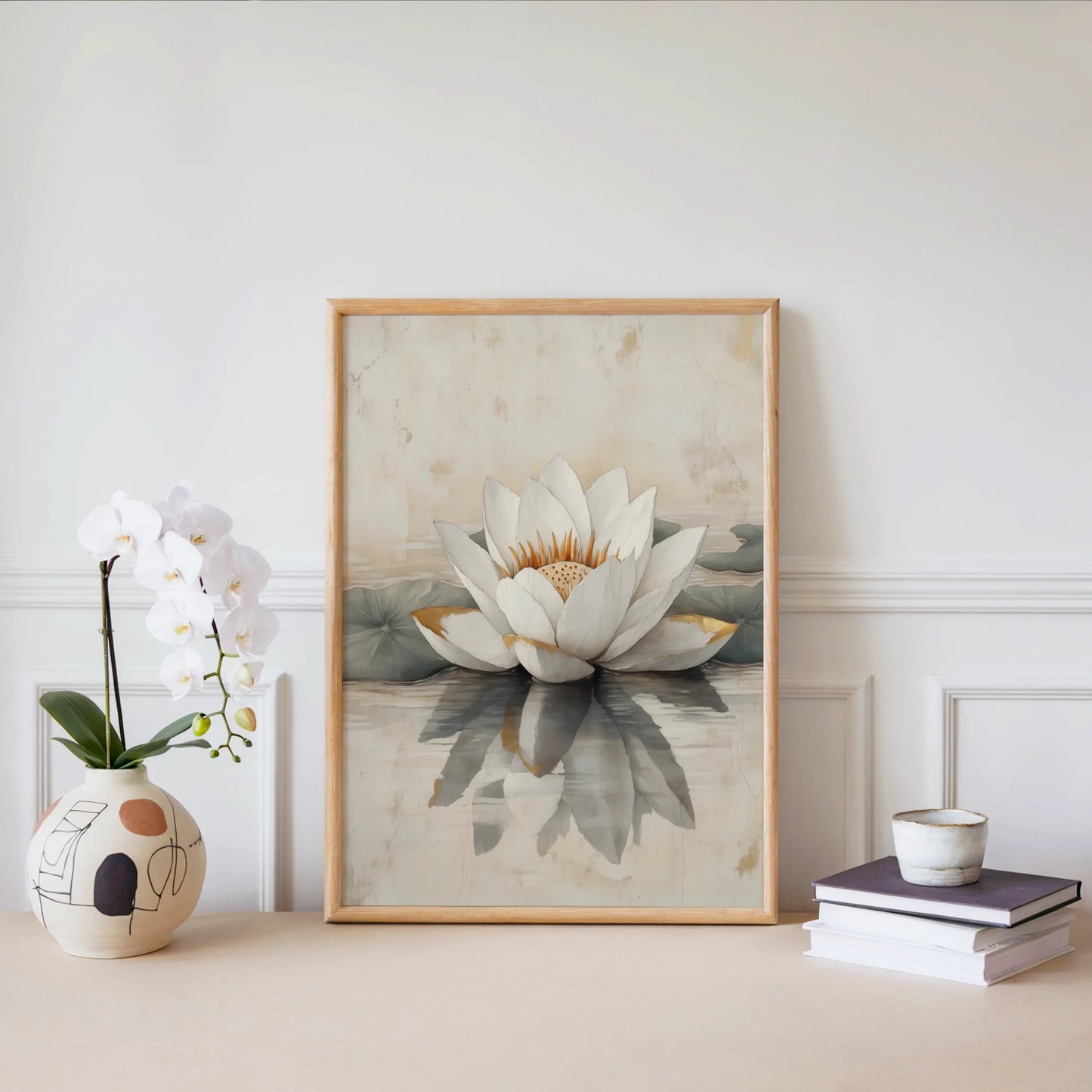 White Lotus Painting Golden Stamens Japandi Canvas Wall Art — Soft ivory canvas with warm golden highlights creating textured layers for elegant neutral decorating