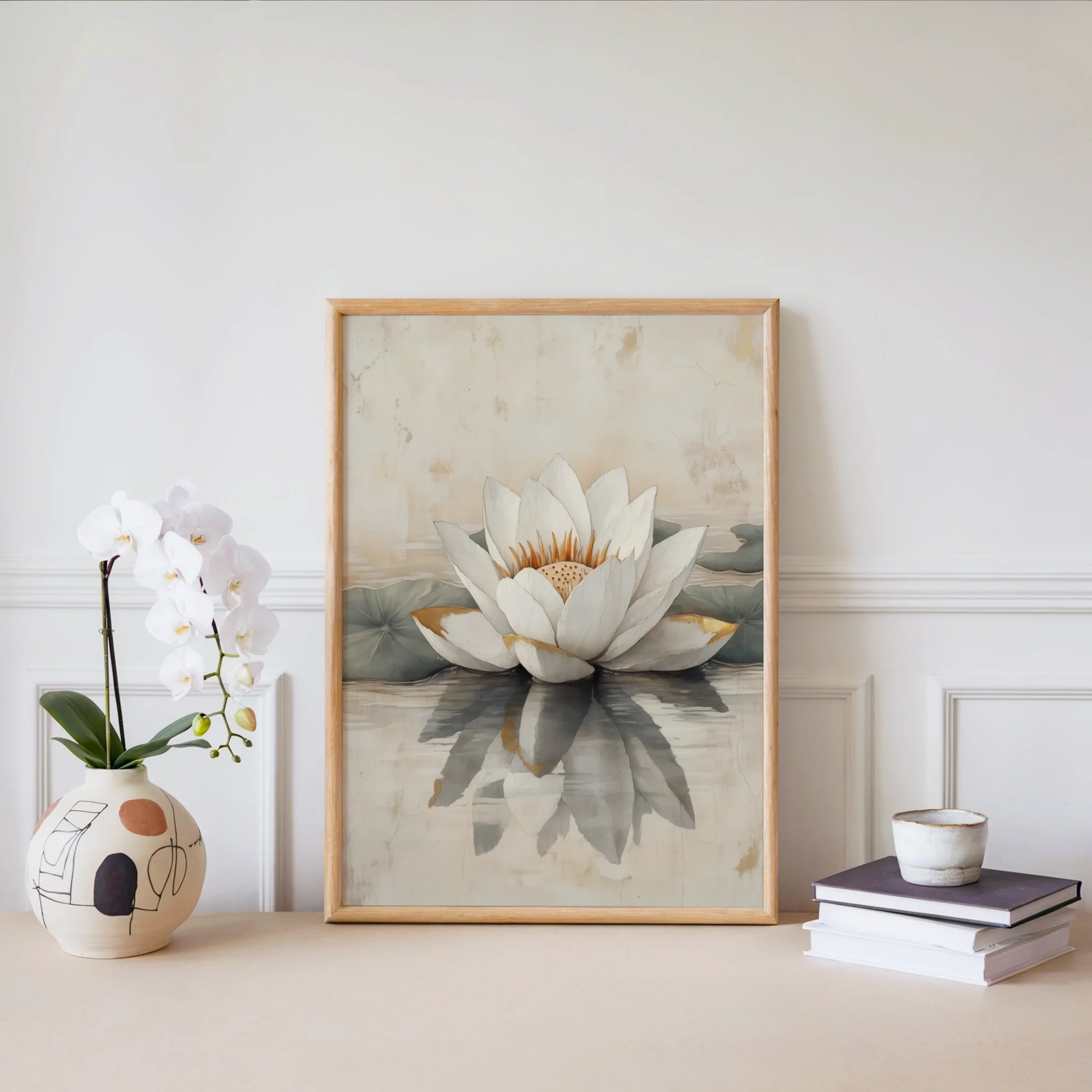 White Lotus Painting Golden Stamens Japandi in room