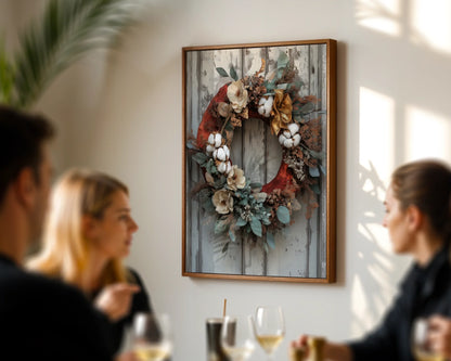 Rustic Autumn Wreath Cotton Bolls Eucalyptus Canvas Wall Art — Country cottage canvas featuring weathered barn doors with autumn foliage wreath for rustic home decor
