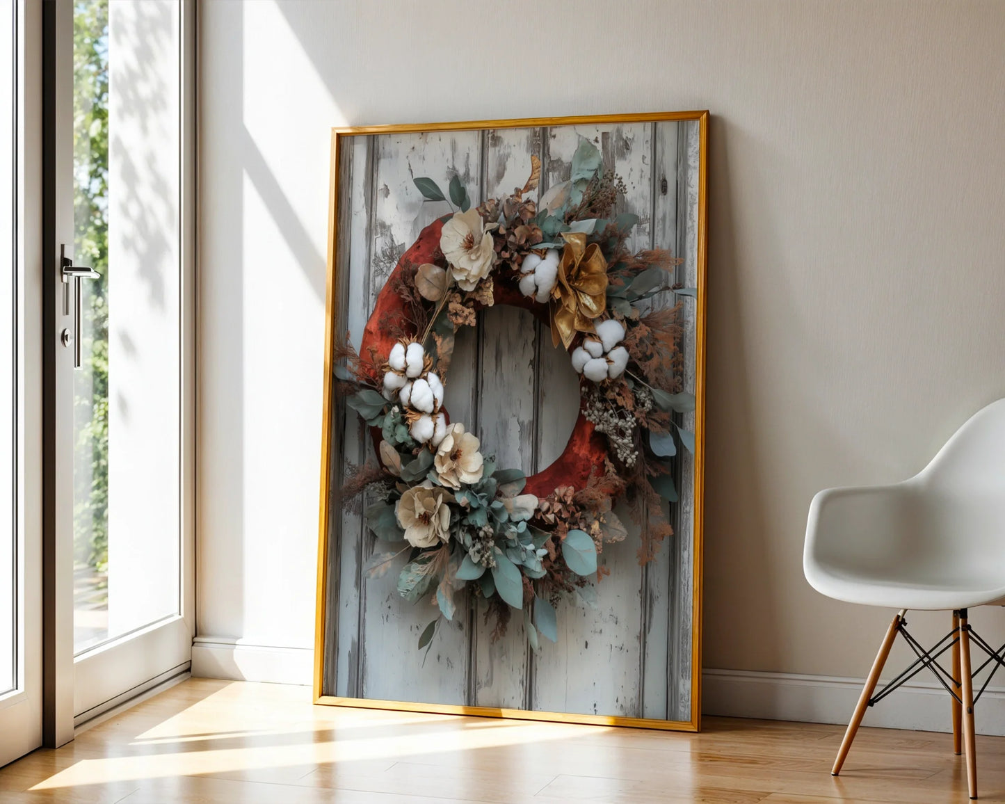 Rustic Autumn Wreath Cotton Bolls Eucalyptus Canvas Wall Art — Vintage-inspired wall art showcasing dried florals and copper accents for shabby chic decorating style