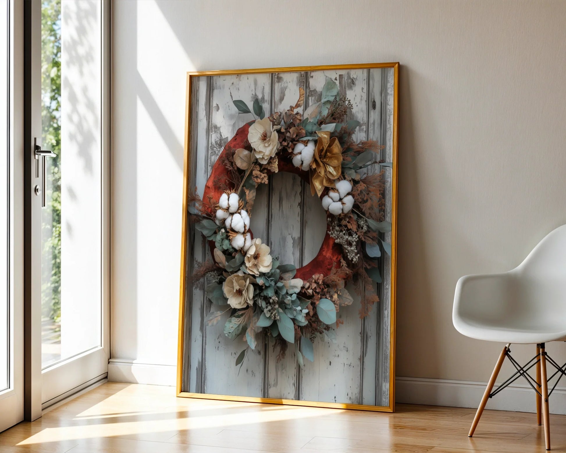 Rustic Autumn Wreath Cotton Bolls Eucalyptus Canvas Wall Art — Vintage-inspired wall art showcasing dried florals and copper accents for shabby chic decorating style