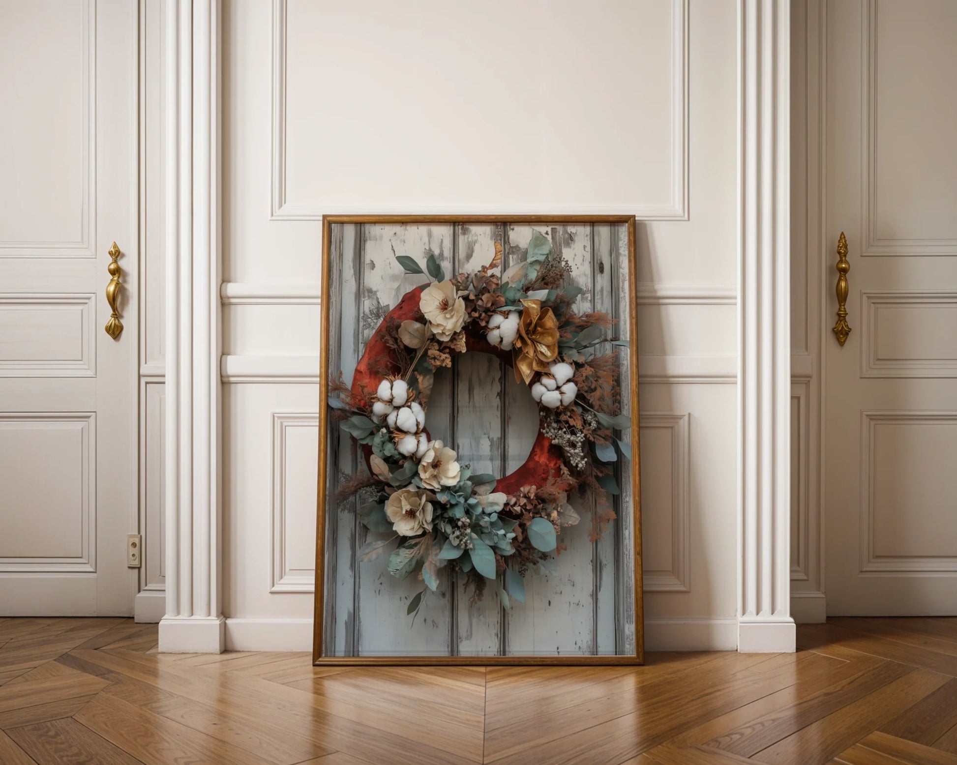 Rustic Autumn Wreath Cotton Bolls Eucalyptus in room