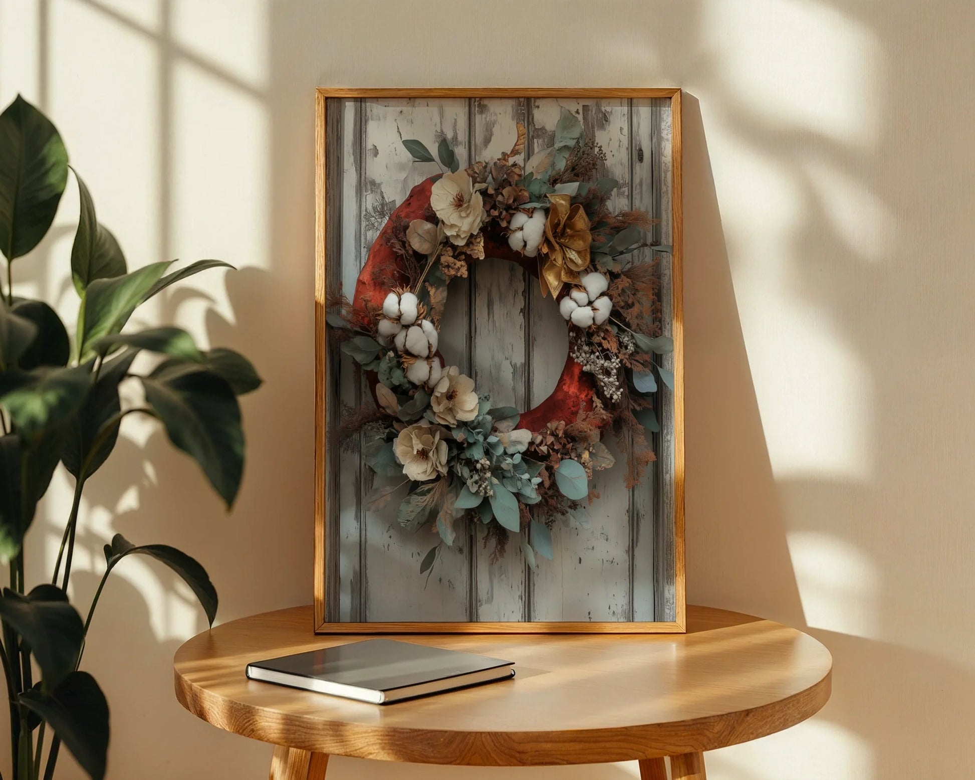 Rustic Autumn Wreath Cotton Bolls Eucalyptus Canvas Wall Art — Traditional canvas artwork featuring seasonal botanicals and ribbon details for classic home styling