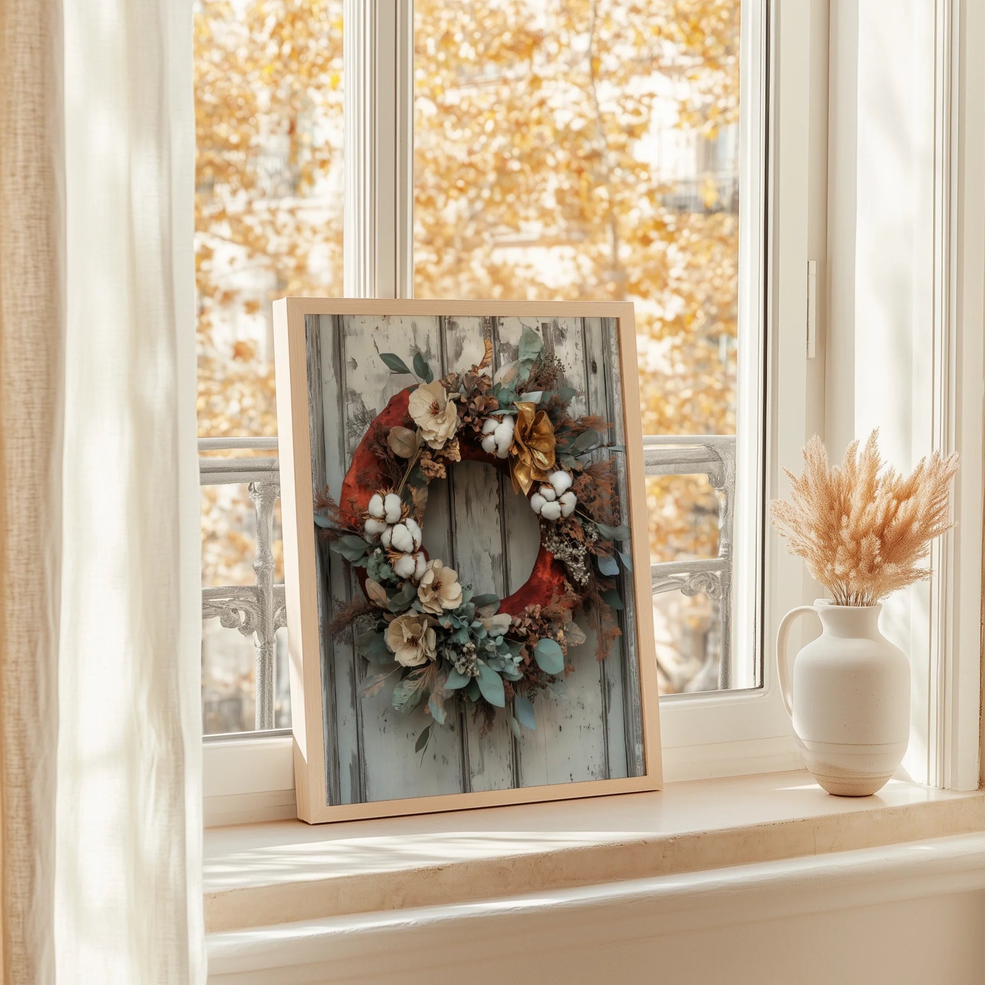 Rustic Autumn Wreath Cotton Bolls Eucalyptus in room