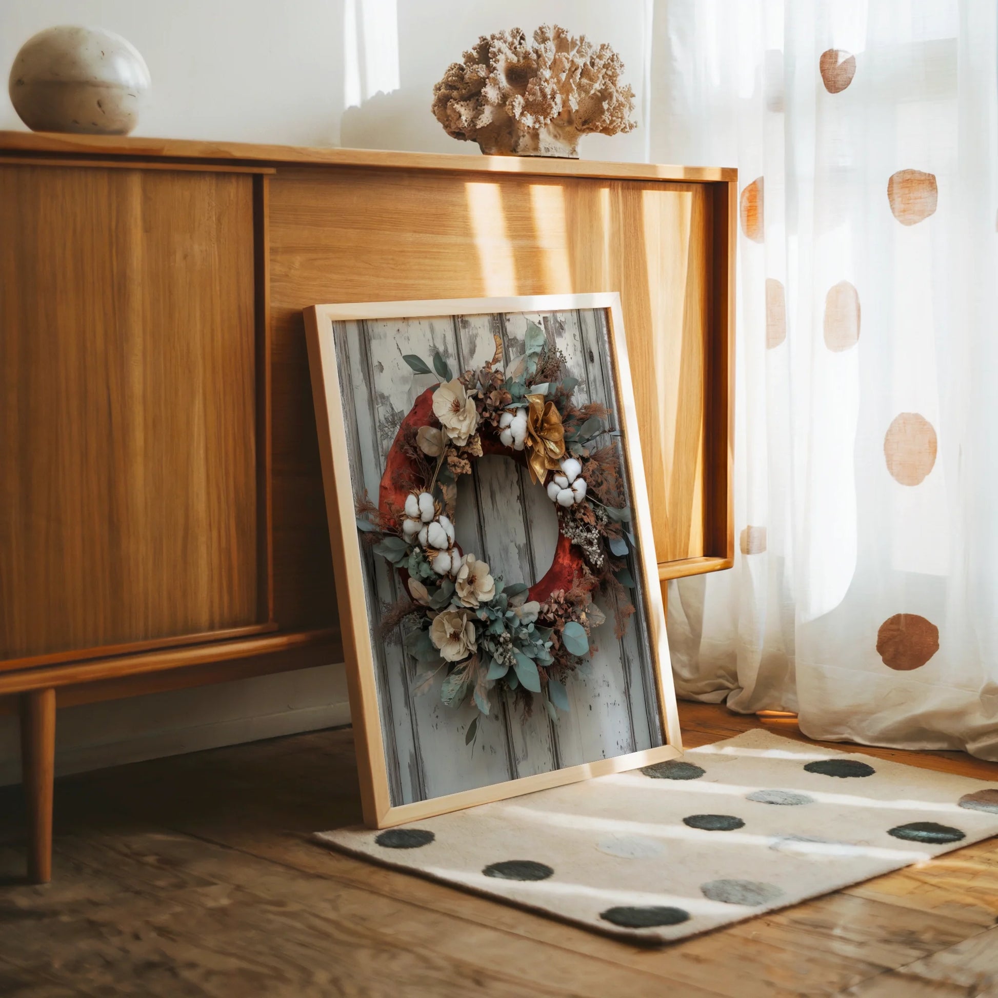 Rustic Autumn Wreath Cotton Bolls Eucalyptus in room