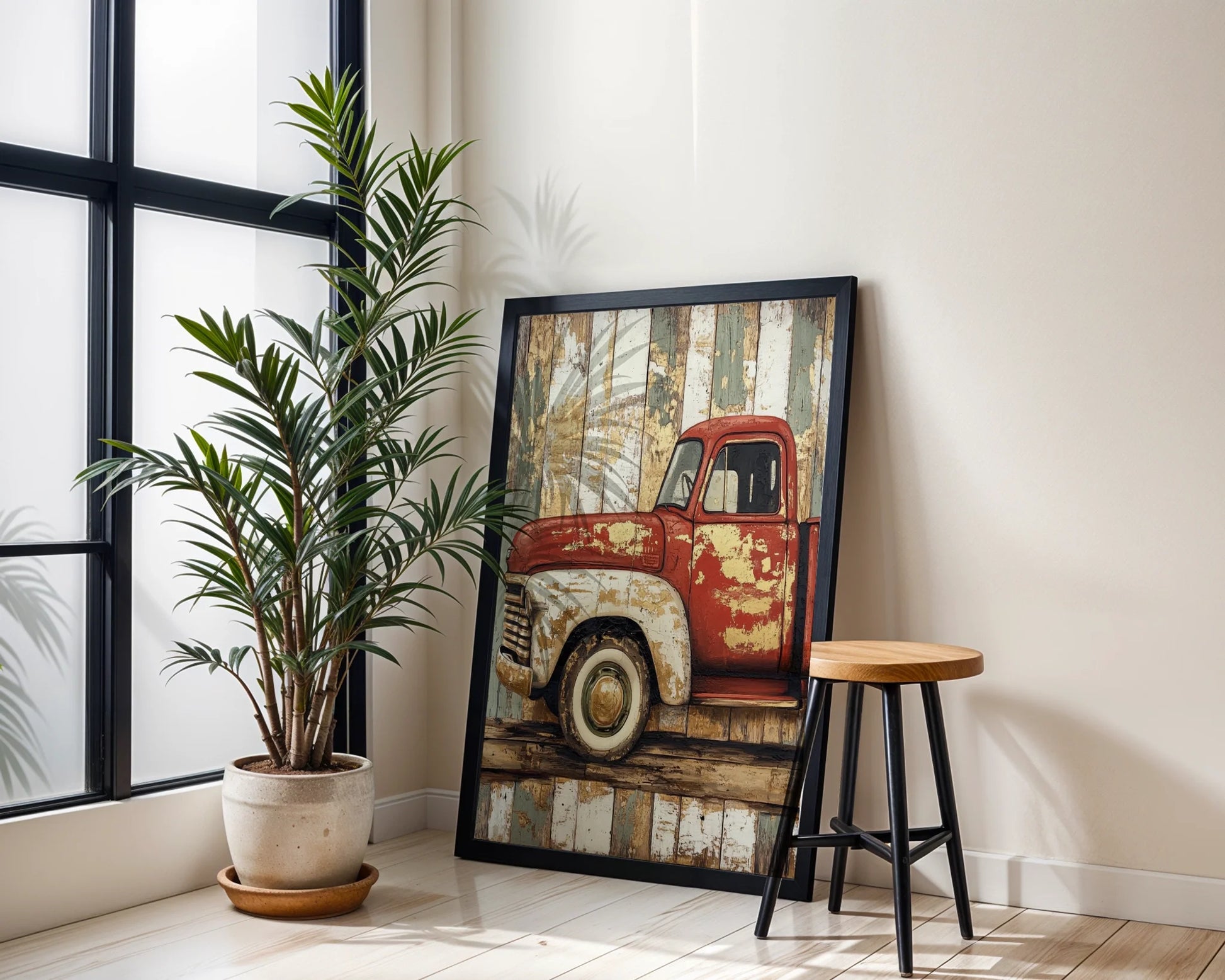 Red Truck Wall Art Farmhouse Distressed Barn Wood Canvas Print — Americana-inspired canvas artwork featuring classic automobile on distressed lumber for heritage home design