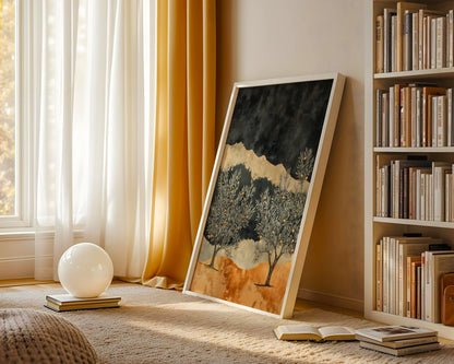 Olive Tree Landscape Storm Sky Textured Canvas Wall Art — Minimalist farmhouse print displaying rustic olive fields with textured plaster finish for chic homes
