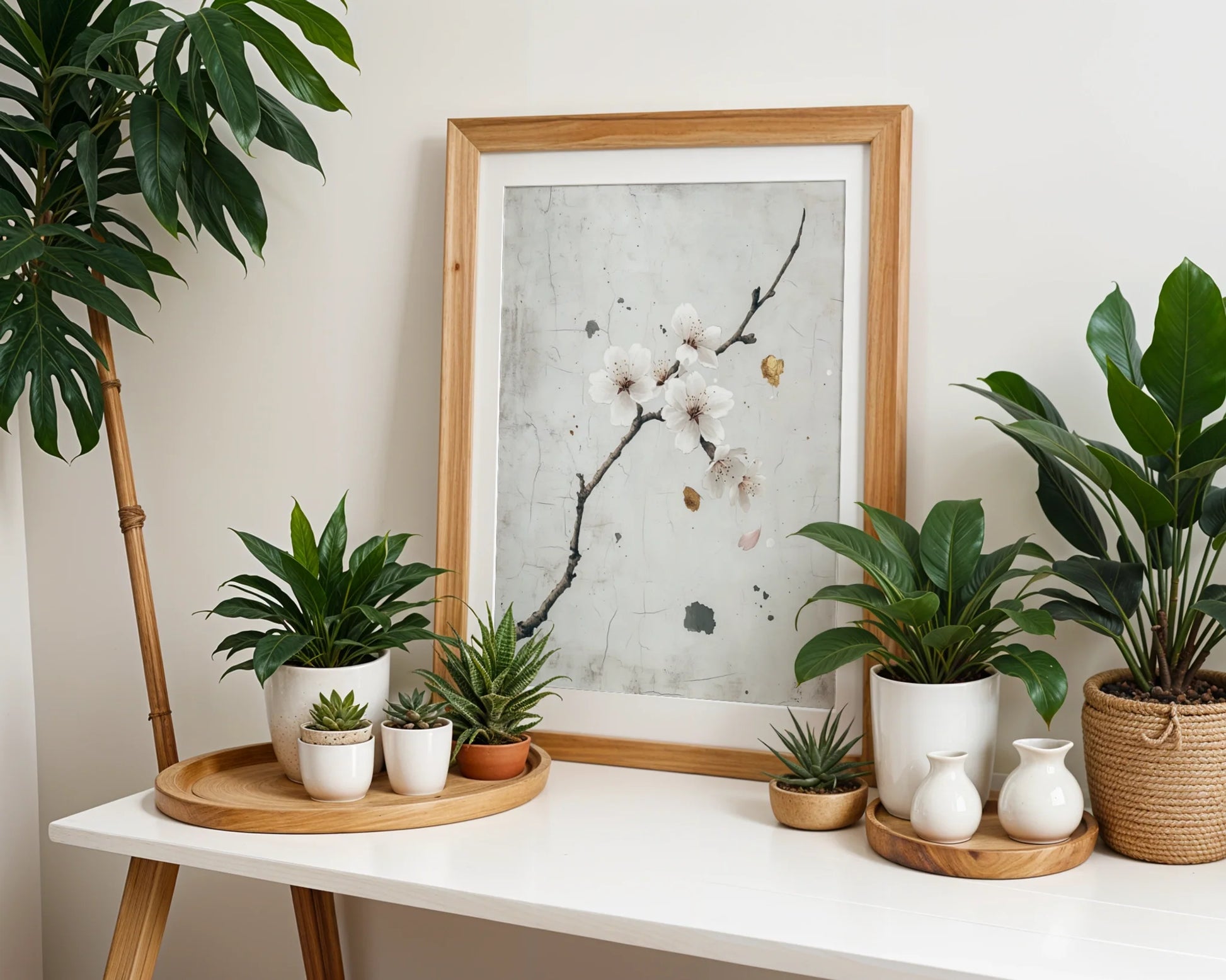 Cherry Blossom Art Japandi Textured Plaster Canvas Wall Art — Clean contemporary space featuring simple botanical canvas with organic tree limb and scattered flower petals