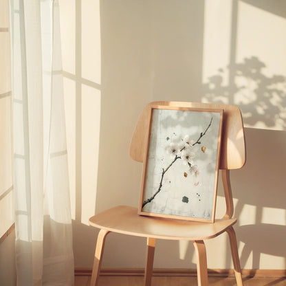 Cherry Blossom Art Japandi Textured Plaster Canvas Wall Art — Eastern-style living room displaying aged surface artwork with delicate flowering branch and gentle petal drift