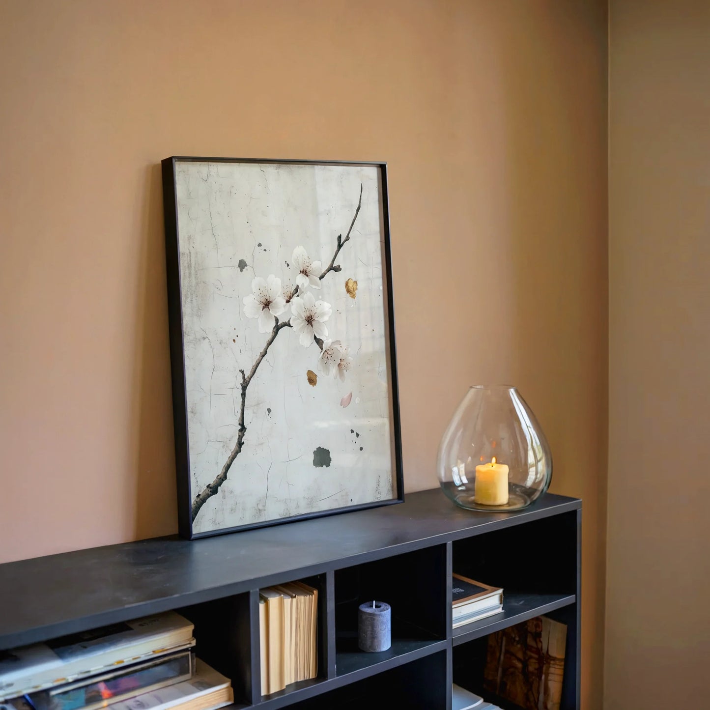 Cherry Blossom Art Japandi Textured Plaster Canvas Wall Art — Cream and taupe botanical artwork featuring subtle blush tones with weathered plaster finish in modern home