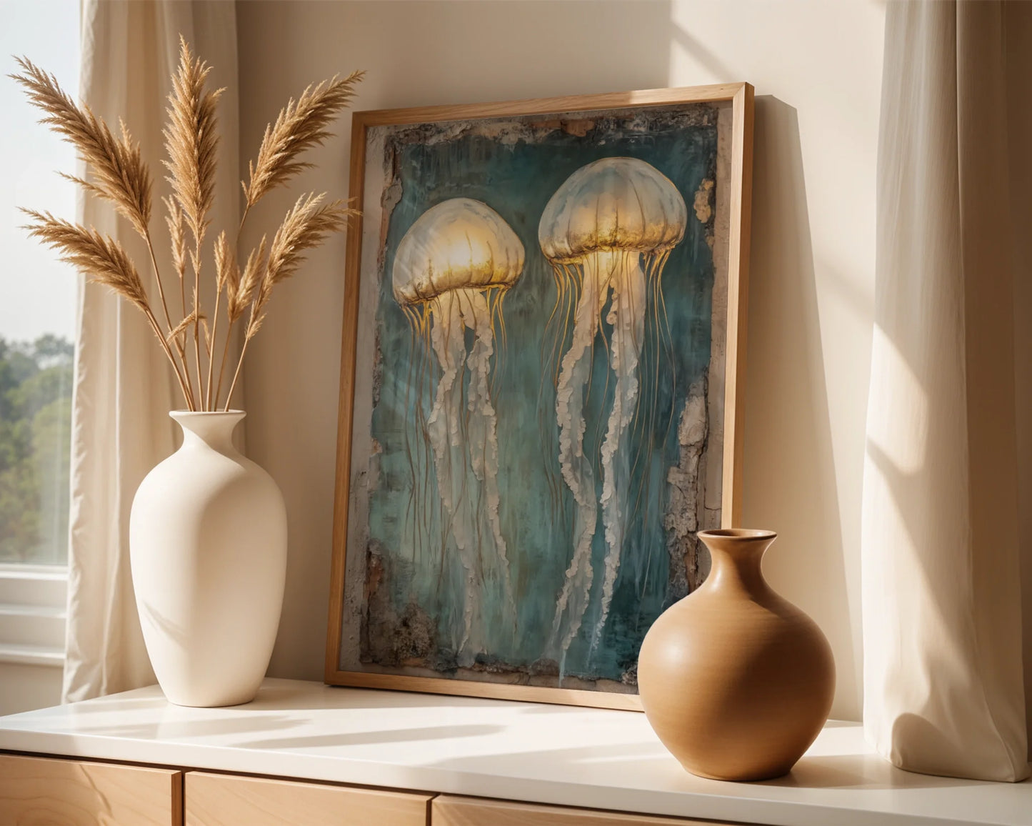 Jellyfish Wall Art Luminescent Marine Canvas Print Gold — Dreamy underwater scene with graceful marine animals drifting through ocean depths for beach house style