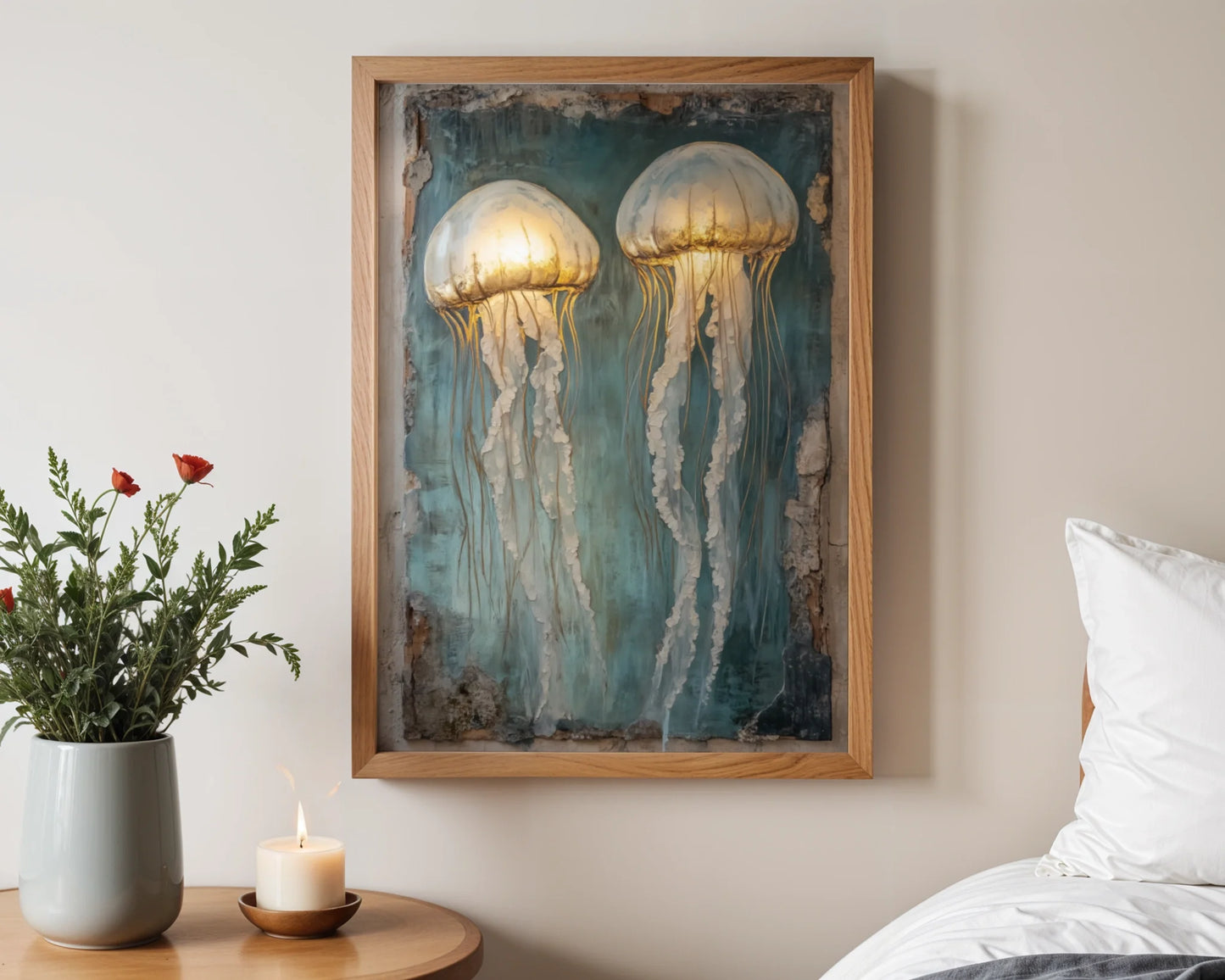 Jellyfish Wall Art Luminescent Marine Canvas Print Gold — Soft aquatic imagery showcasing translucent sea life in muted tones perfect for relaxed interiors