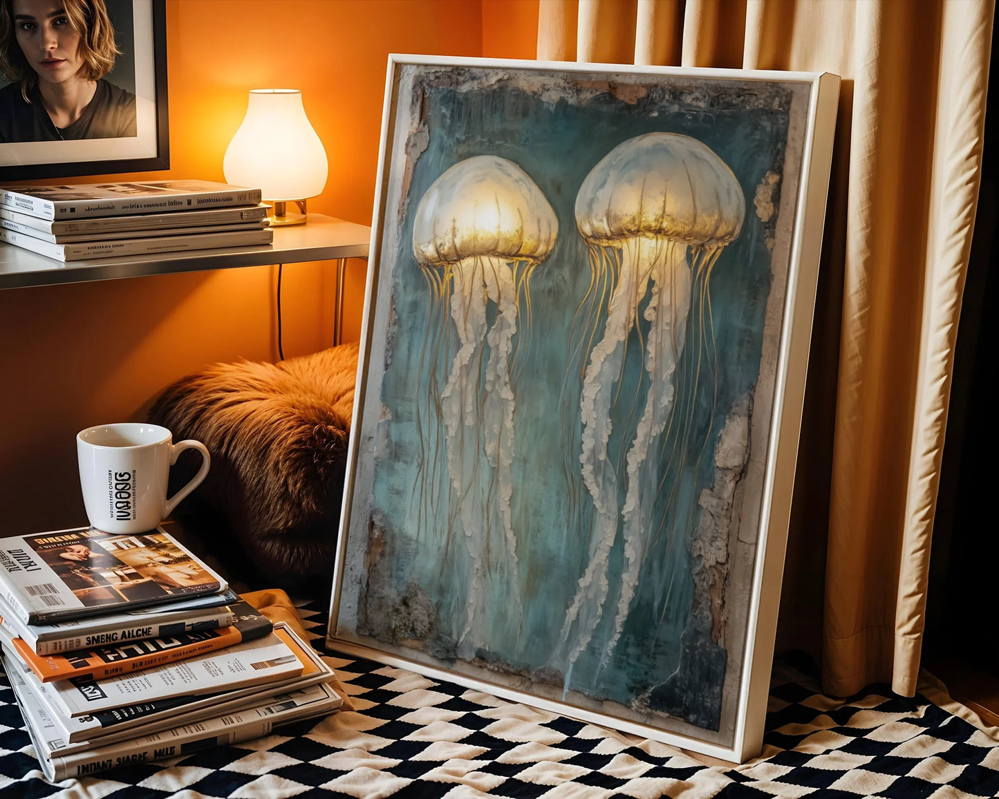 Jellyfish Wall Art Luminescent Marine Canvas Print Gold — Contemporary ocean-inspired artwork displaying glowing marine forms in calming blue-green hues