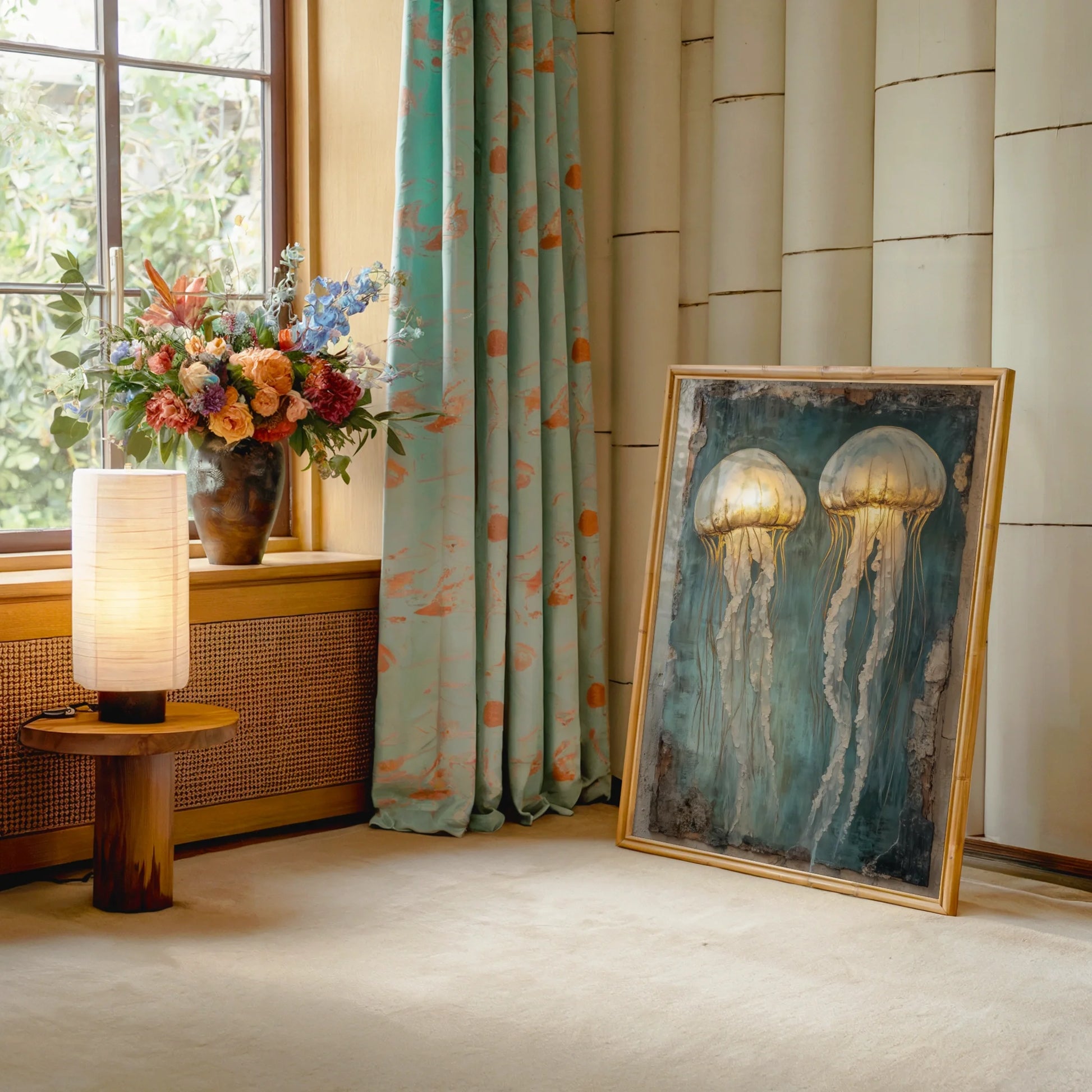Jellyfish Wall Art Luminescent Marine Canvas Print Gold — Sage green and cream tones create peaceful marine scene with smooth weathered texture finish