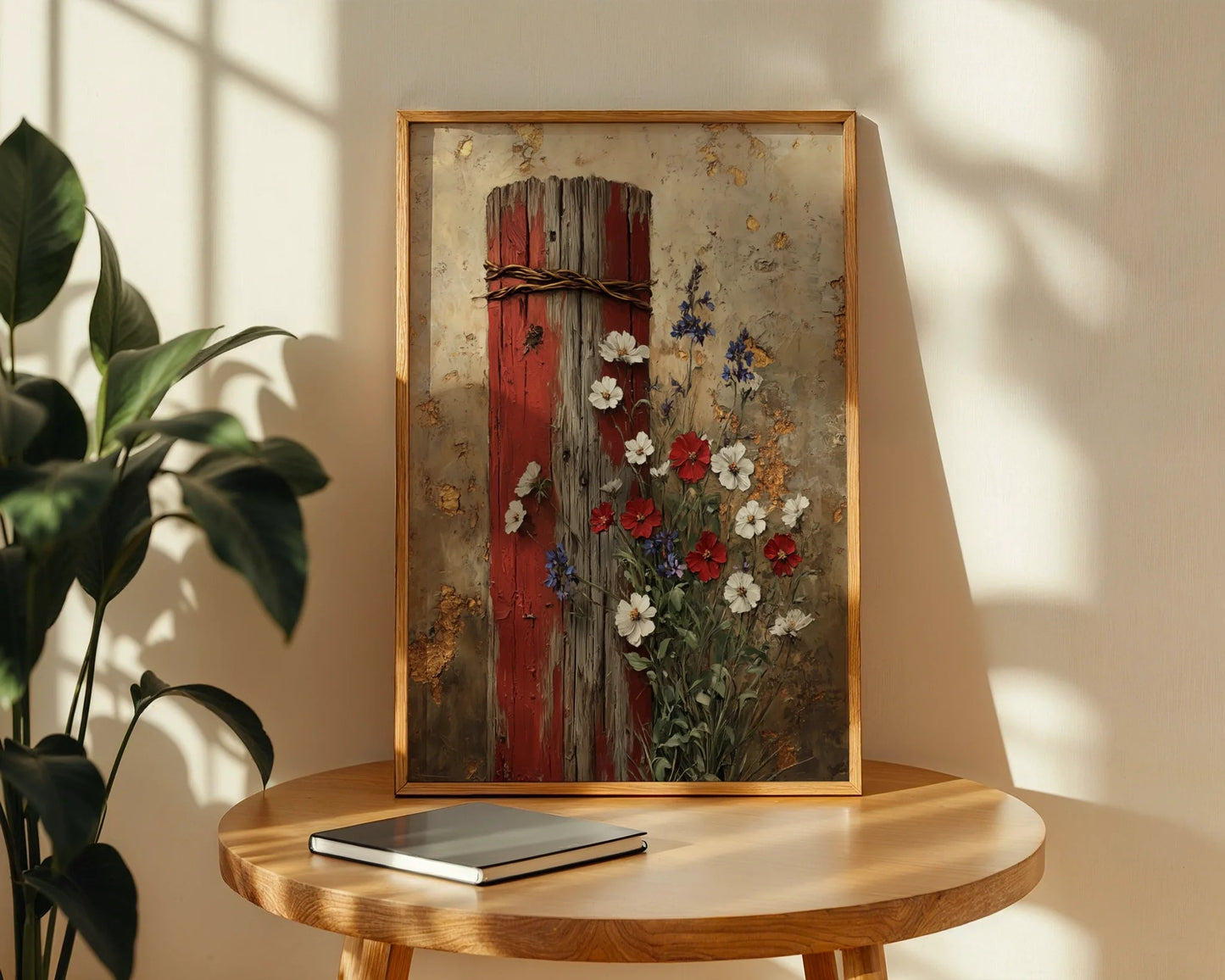 Rustic Farmhouse Wildflower Fence Post Canvas Wall Art — Vintage-inspired artwork featuring time-worn timber posts adorned with garden blooms for rustic interiors