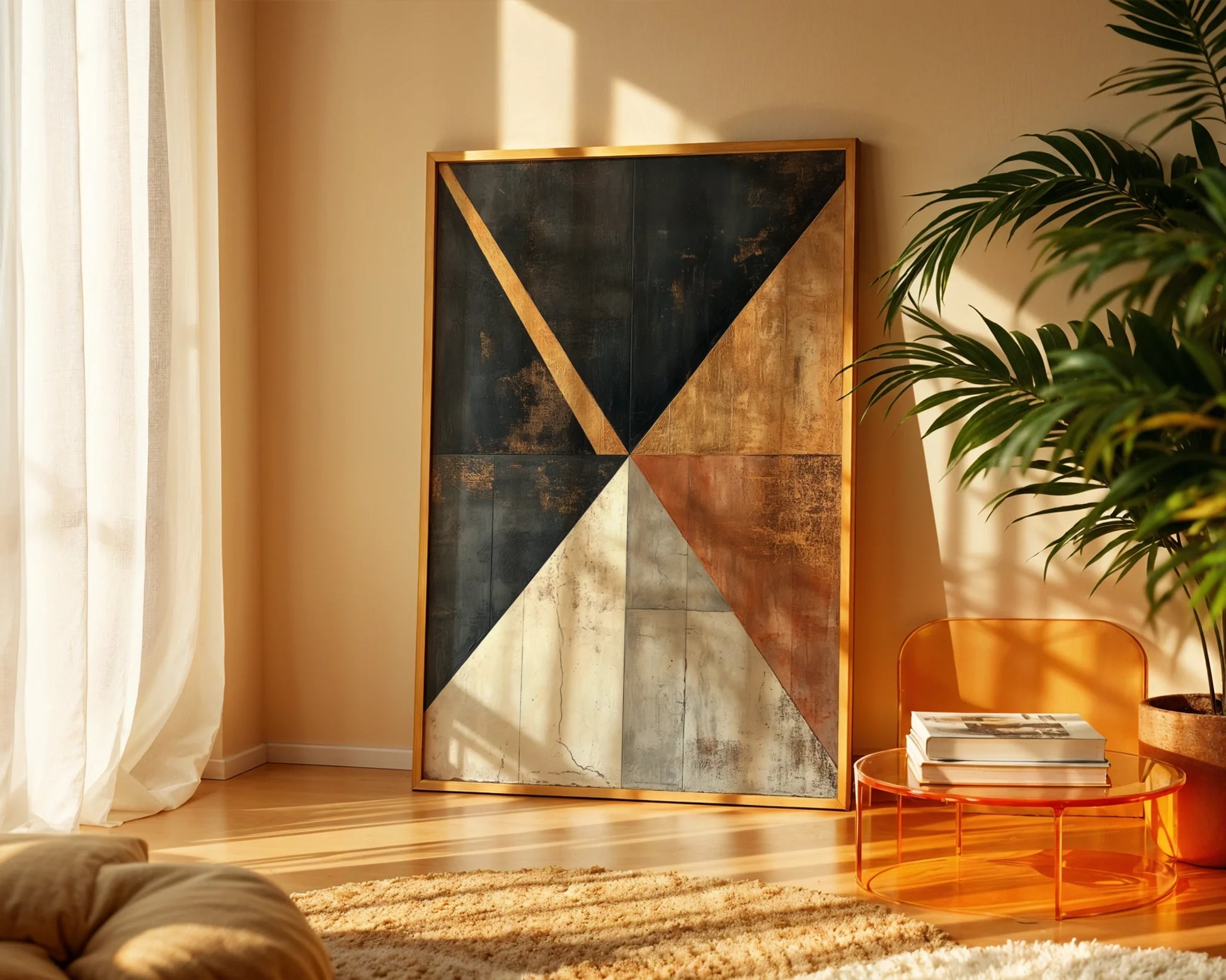 Industrial Geometric Metal Texture Canvas Wall Art Luxury — Edgy canvas print featuring distressed metal panels in contemporary home setting with urban loft vibes