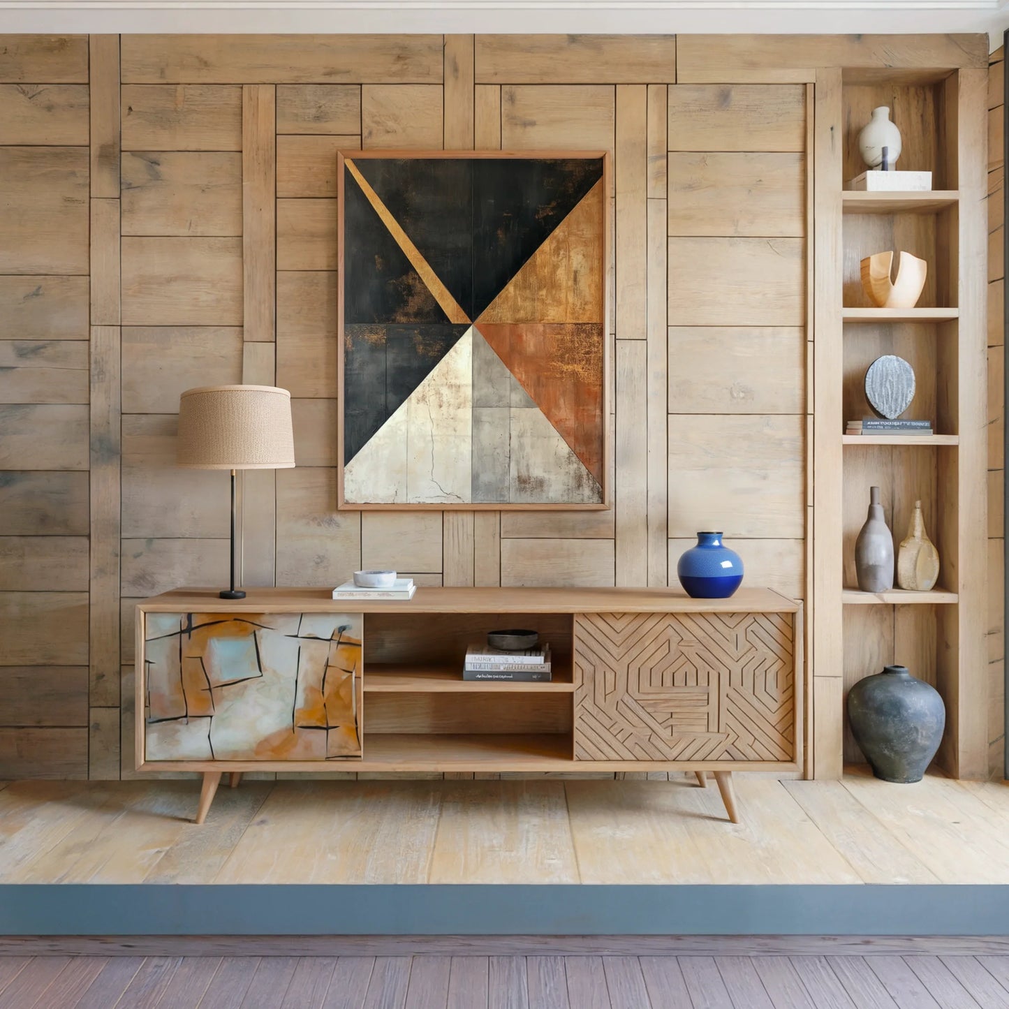 Industrial Geometric Metal Texture Canvas Wall Art Luxury — Angular abstract canvas showing intersecting planes styled in clean contemporary living space