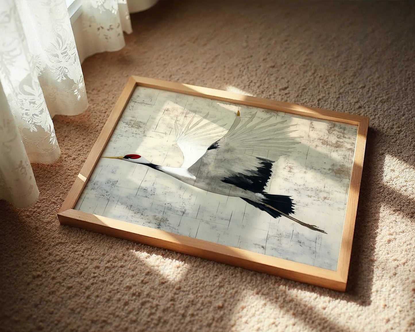 Japanese Crane Art Red-Crowned Bird Manuscript in room