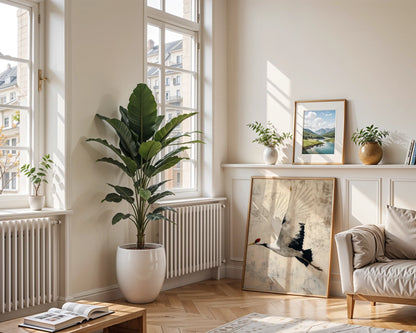 Japanese Crane Art Red-Crowned Bird Manuscript Canvas Print — Clean Scandinavian aesthetic meets Oriental motifs in this peaceful winged creature home accent piece
