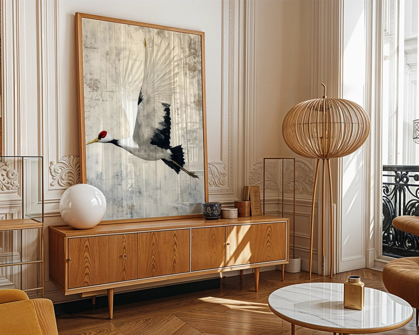 Japanese Crane Art Red-Crowned Bird Manuscript Canvas Print — Understated Nordic design features elegant flying fowl with scarlet head plumage against historic pages