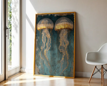 Luxury Jellyfish Gold Accents Twin Ascension Canvas Wall Art — Mediterranean inspired artwork showing dual marine life forms rising through aquatic sanctuary setting