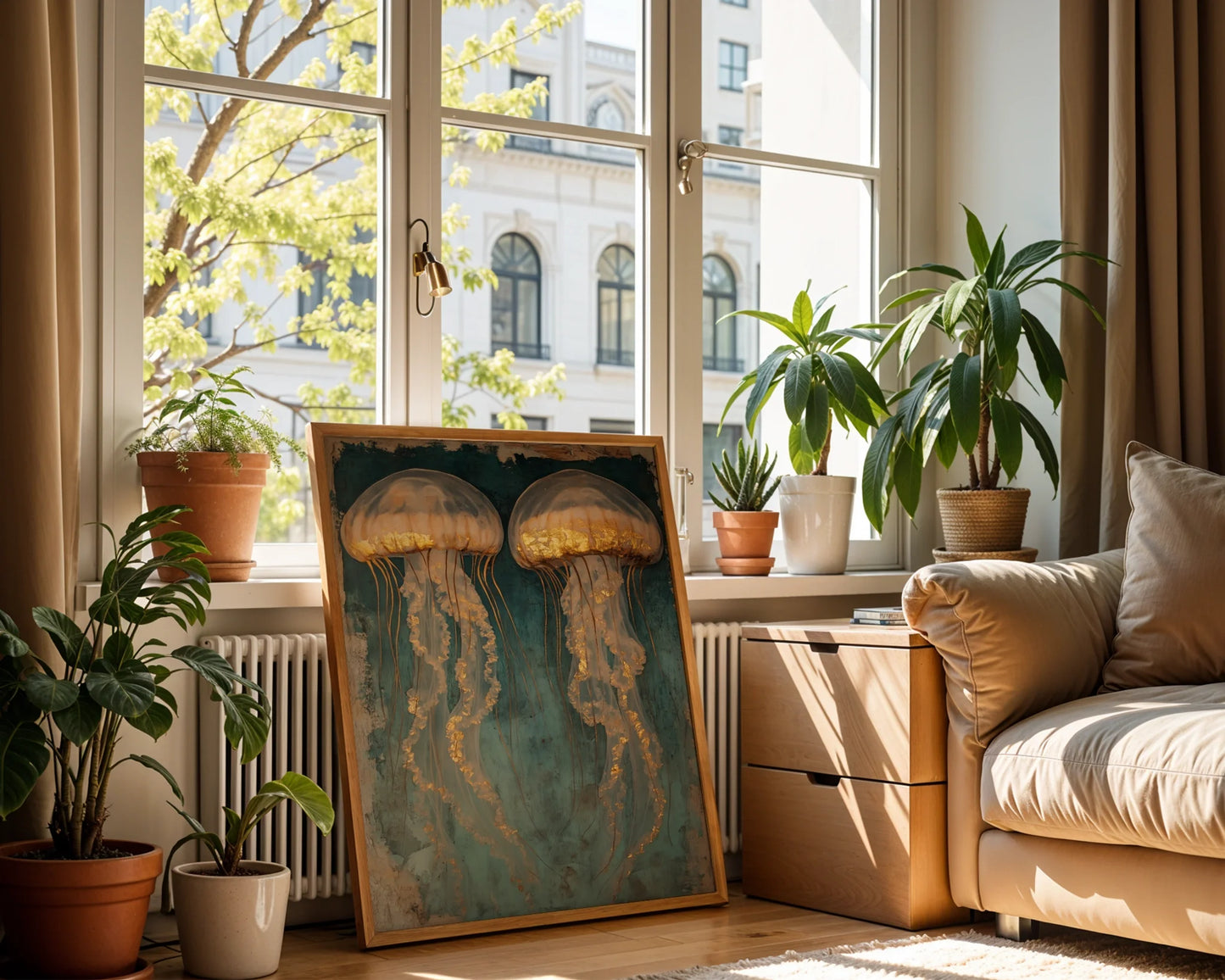 Luxury Jellyfish Gold Accents Twin Ascension Canvas Wall Art — Seaside themed print displaying mystical ocean dwellers with metallic details for relaxed home styling
