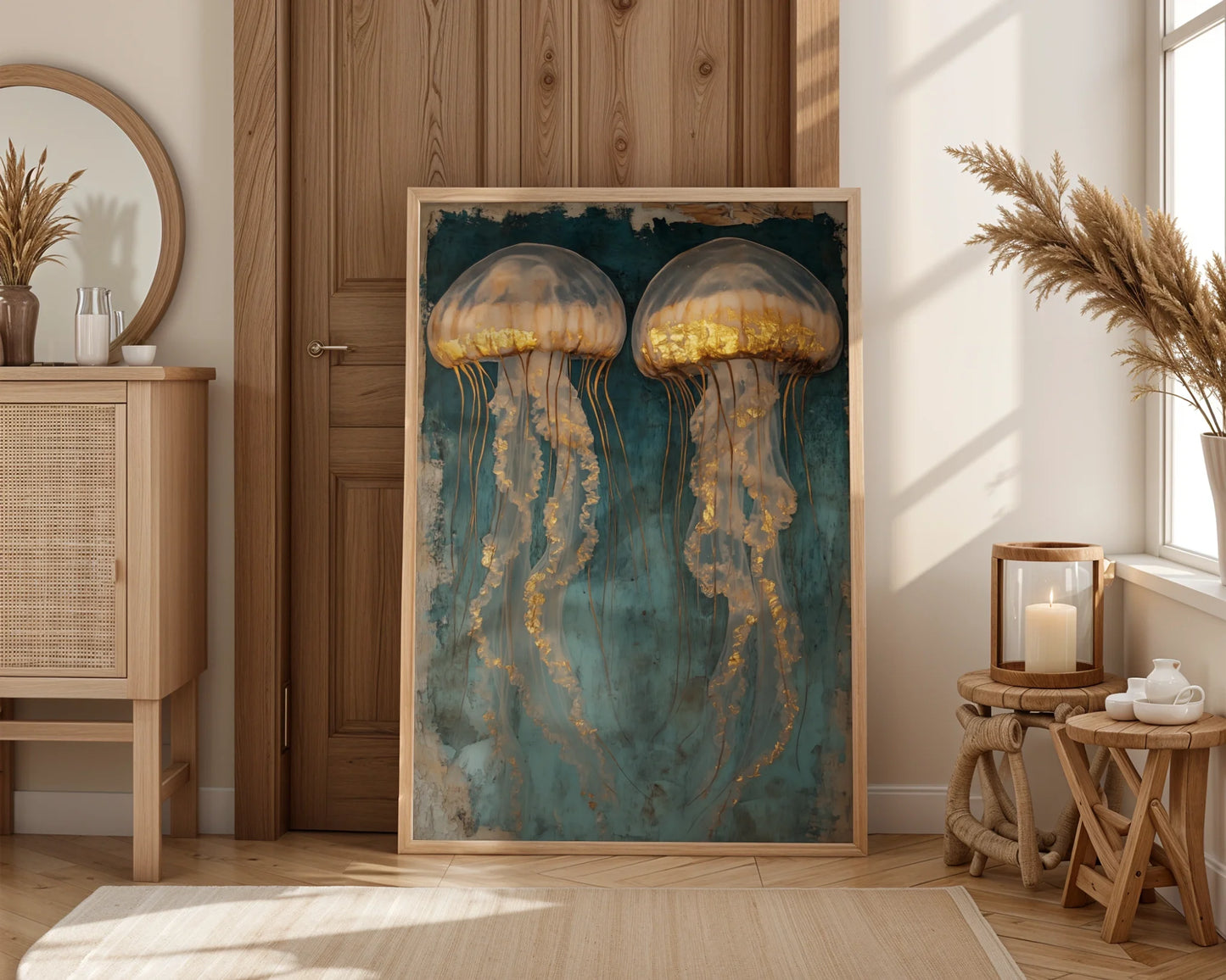 Luxury Jellyfish Gold Accents Twin Ascension Canvas Wall Art — Contemporary seascape canvas revealing sacred underwater temple with paired floating marine forms